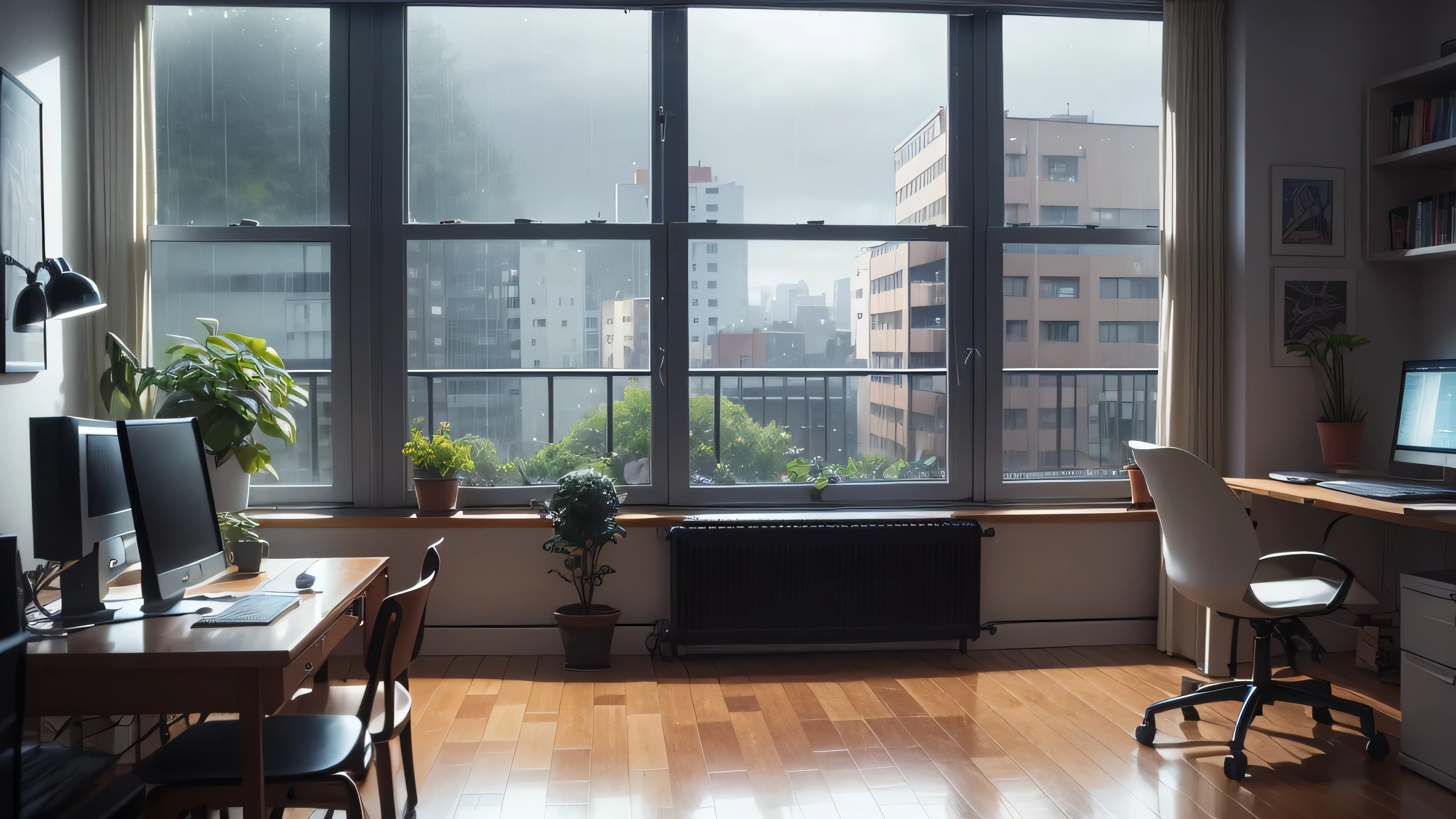 a working room with a computer running Linux, raining, apartment, rain droplets on the window, dreamy vibes