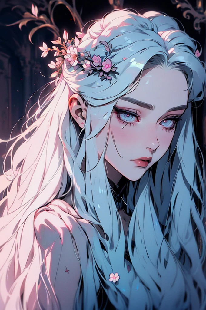 hyper-realistic  of a mysterious woman with flowing silver hair, piercing opal eyes, and a delicate floral crown, backwards, looking back, upper body