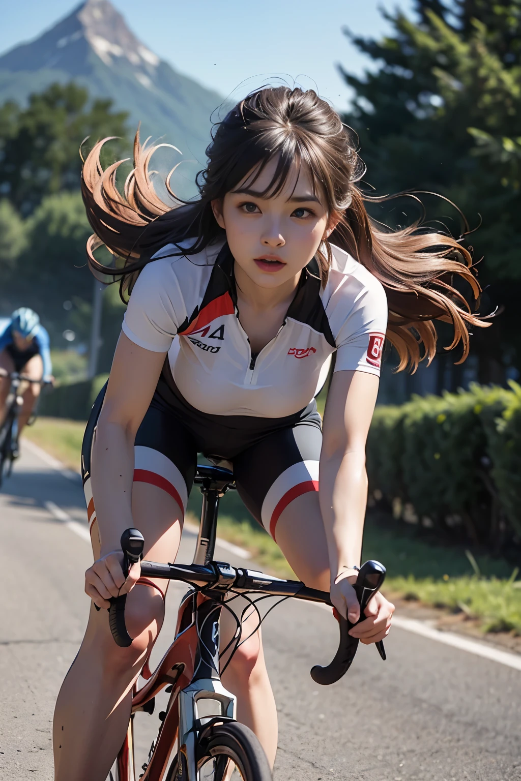 (Super detailed, 8k, original photo, best quality, masterpiece:1.2), High-detail RAW color photos, Professional photos, (whole body:0.6), (actual, photo actual:1.37), ((best quality)), 1 girl, Light, (Facial details are more delicate:1.2), (masterpiece:1.5), (best quality:1.2), (big breasts:1.4), from below, Beautiful female cyclist pedaling bicycle dynamically during road race, high quality (4K/8k), (actual style:1.37), bright colors, 生动的灯Light, detailed facial features, strong muscle, definite expression, aerodynamic jersey, Light滑的头盔, focused eyes, flowing hair, Smooth pedaling action, Intense competition, cheering crowd, mountain background, Challenging race route, Professional equipment, High performance road bike, speed, enthusiasm, adrenaline, (slow motion:1.4), (motion blur:1.3), dynamic angle,