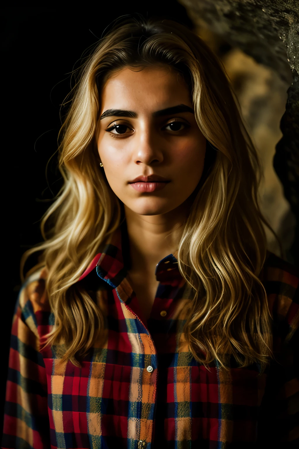 photograph of a woman, Iranian Woman, Tehran City, (troubled facial expression), textured skin, goosebumps, blonde afro hair, plaid flannel shirt with distressed boyfriend jeans, cowboy shot, dark and mysterious cave with unique rock formations and hidden wonders, perfect eyes, (candlelight,chiaroscuro), Porta 160 color, shot on ARRI ALEXA 65, bokeh, sharp focus on subject,