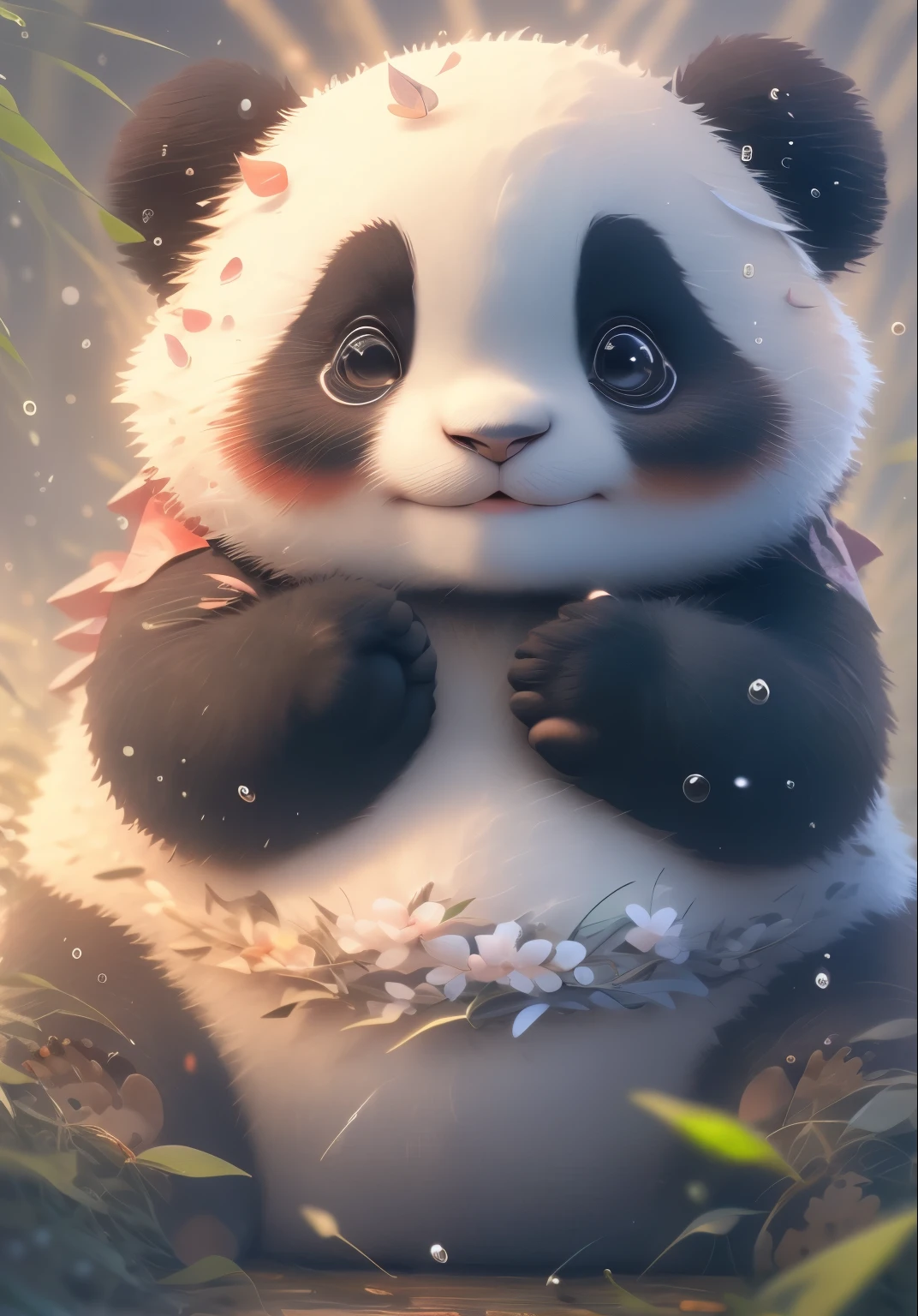 An adorable baby giant panda, blurring effect, no humans, shallow depth of field, high contrast style, dark and glamorous atmosphere, wearing a DRK outfit, deep shadows, (dark:1.4), opulent lighting. (best quality, 4k, 8k, highres, masterpiece:1.2), ultra-detailed, realistic, vivid colors, bokeh.