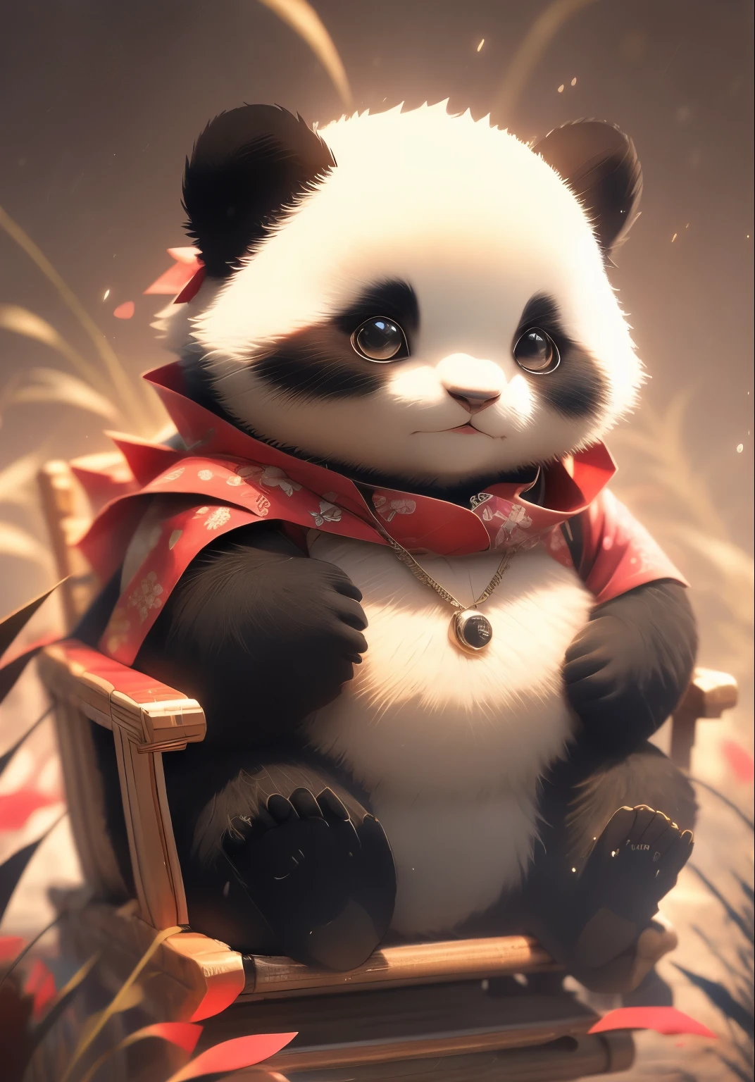 A 大熊猫幼崽, blurred, non-human, depth of field, high contrast style, dark and glamorous, wearing DRK, deep shadows, (dark:1.4), opulent