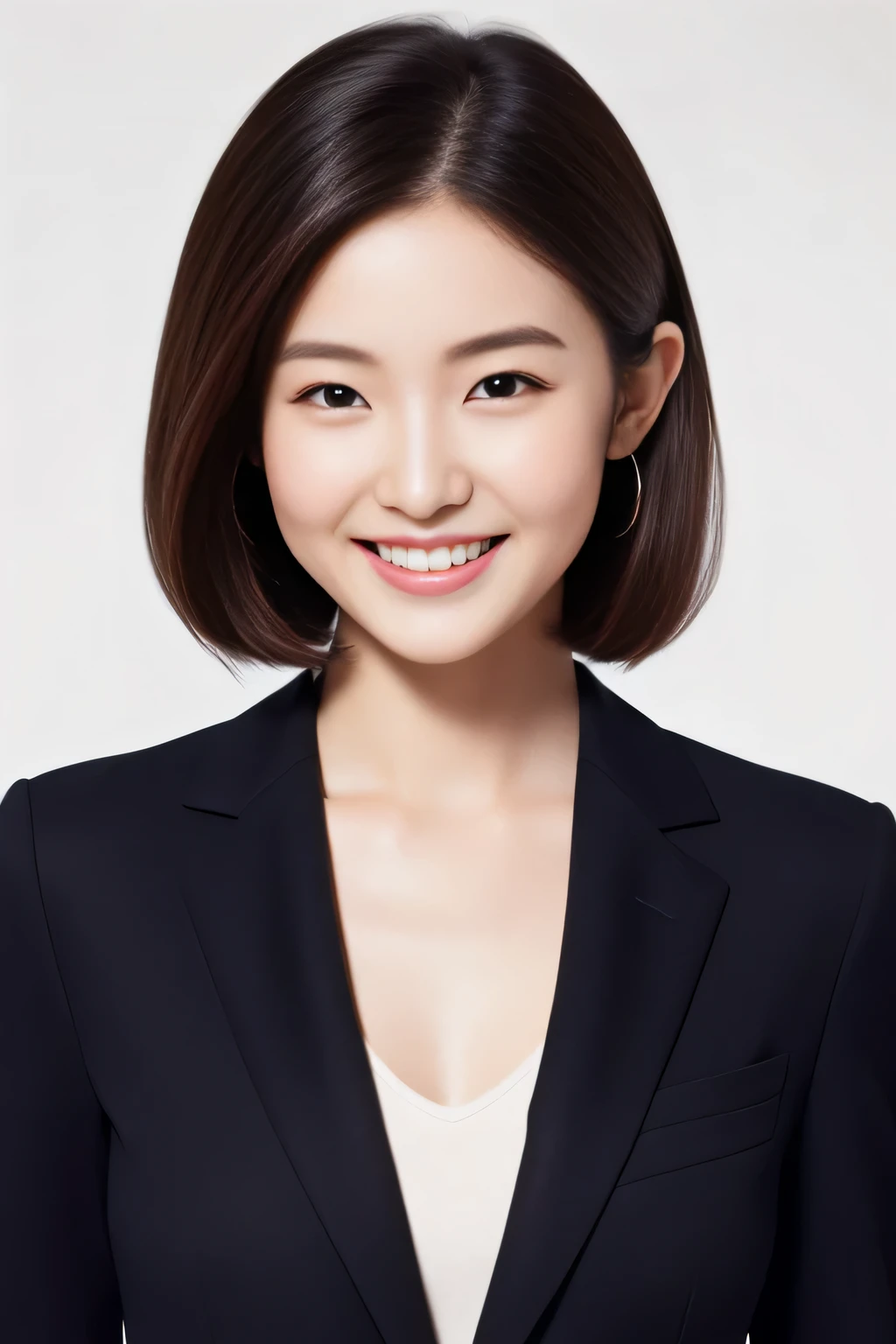 The face is a hostess、wear a jacket suit、high quality、surreal、healthy、smile、Perfect slender figure、beauty of japan、beautiful eyes、perfect face、beautiful skin、white background