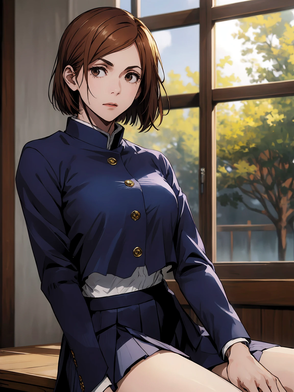 1girl, sitting, beautiful Nobara, navy blue school_uniform, bangs, brown jacket,, volumetric lighting, best quality, masterpiece, intricate details, tonemapping, sharp focus, hyper detailed, trending on Art Station, 4k, whole body, looking ahead