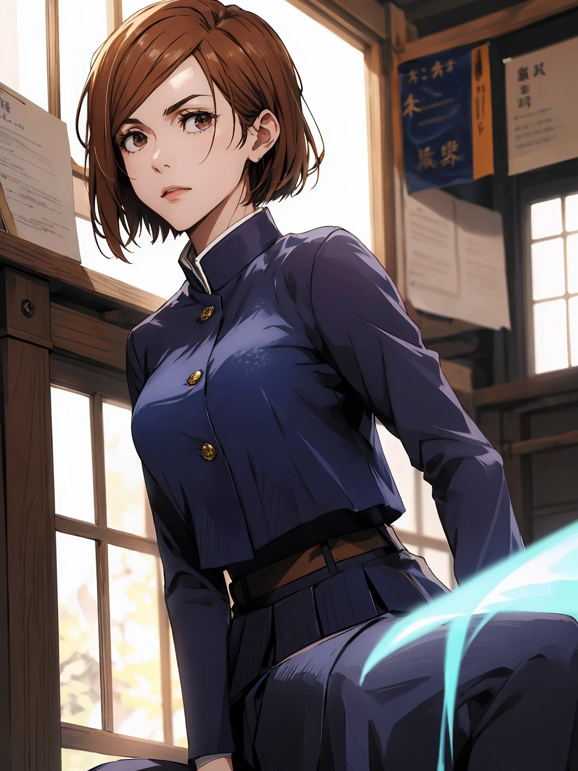 1girl, sitting, beautiful Nobara, navy blue school_uniform, bangs, brown jacket,, volumetric lighting, best quality, masterpiece, intricate details, tonemapping, sharp focus, hyper detailed, trending on Art Station, 4k, whole body, looking ahead