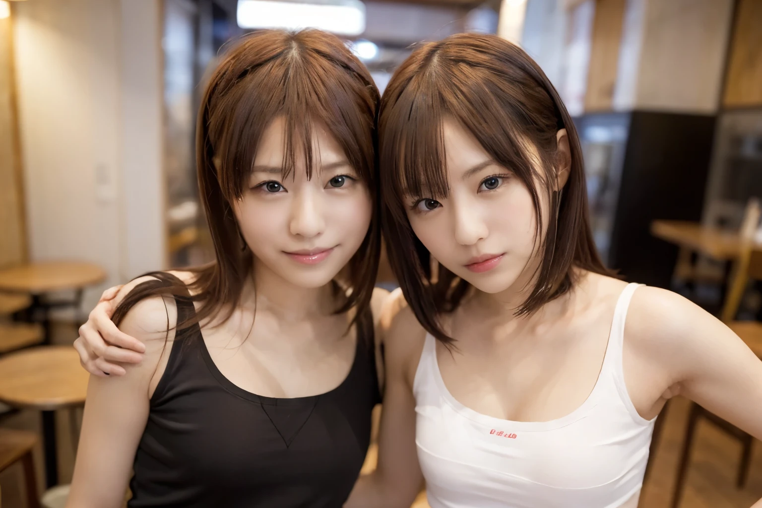 ((riaルな照明, highest quality, 8K, masterpiece:1.3)), クriaフォーカス:1.2,identical twin sisters, lesbian, perfect figure:1.4, slim abs:1.1, ((black hair)), (white crop top: 1.4), (outdoor, night: 1.1), Sundanese woman sitting in a coffee shop, (casual clothes), super fine face, fine eyes, double eyelid, ria_R