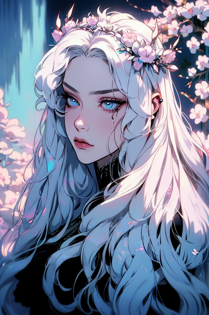 hyper-realistic  of a mysterious woman with flowing silver hair, piercing opal eyes, and a delicate floral crown, backwards, looking back, upper body