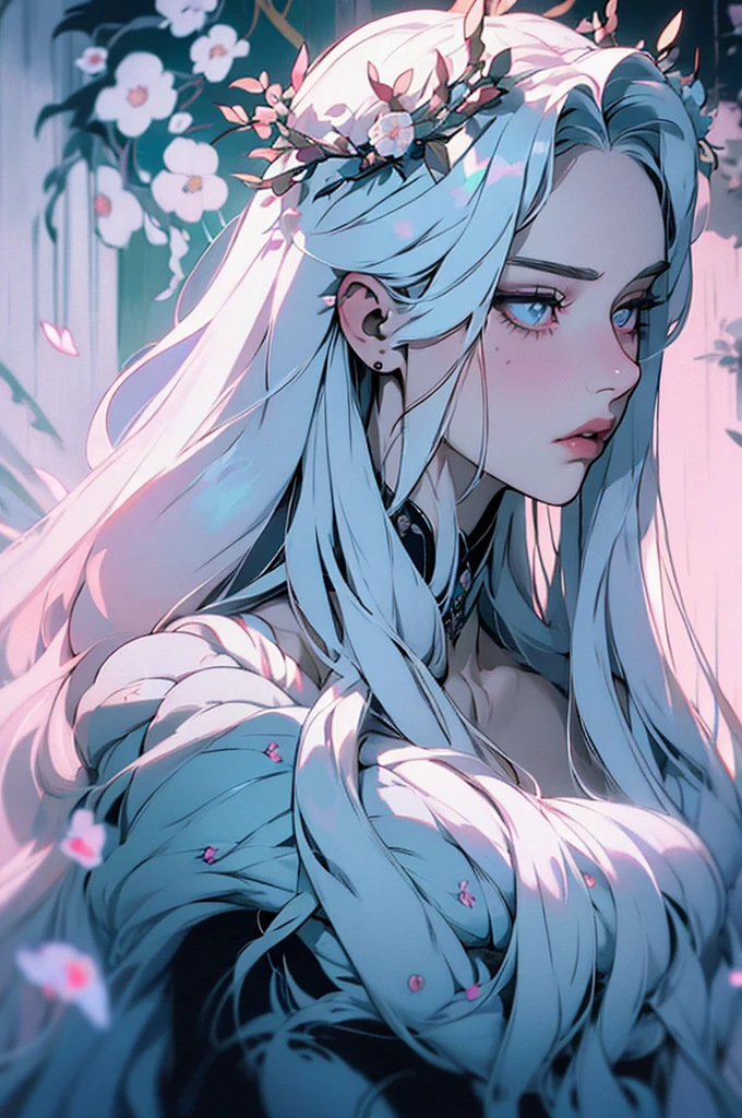 hyper-realistic  of a mysterious woman with flowing silver hair, piercing opal eyes, and a delicate floral crown, backwards, looking back, upper body