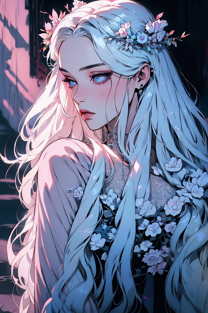 hyper-realistic of a mysterious woman with flowing silver hair, piercing opal eyes, and a delicate floral crown, backwards, looking back, upper body