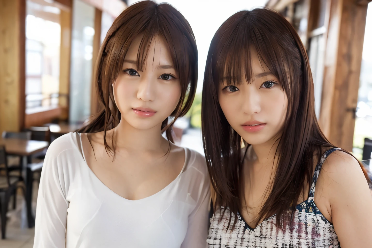 ((riaルな照明, highest quality, 8K, masterpiece:1.3)), クriaフォーカス:1.2,identical twin sisters, lesbian, perfect figure:1.4, slim abs:1.1, ((black hair)), (white crop top: 1.4), (outdoor, night: 1.1), Sundanese woman sitting in a coffee shop, (casual clothes), super fine face, fine eyes, double eyelid, ria_R