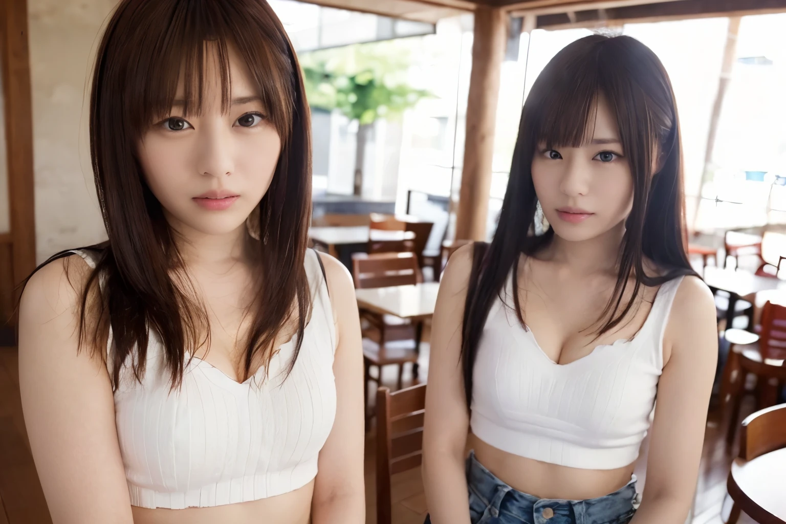 ((riaルな照明, highest quality, 8K, masterpiece:1.3)), クriaフォーカス:1.2,identical twin sisters, lesbian, perfect figure:1.4, slim abs:1.1, ((black hair)), (white crop top: 1.4), (outdoor, night: 1.1), Sundanese woman sitting in a coffee shop, (casual clothes), super fine face, fine eyes, double eyelid, ria_R