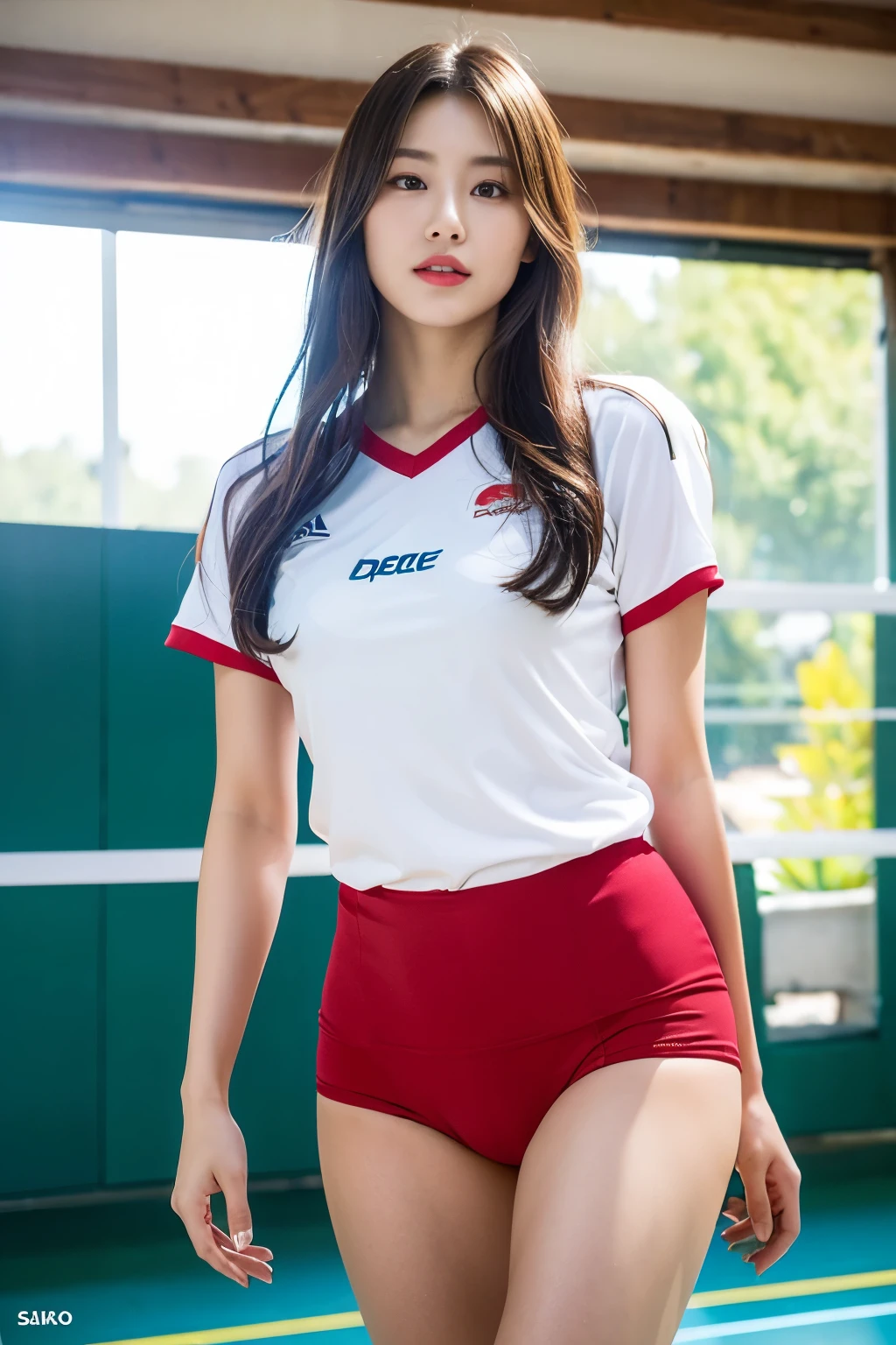 (photo real: 1.4), (surreal: 1.4), (actual: 1.3), (soft light: 1.05), (improved lighting: 0.9), 32k, 1 girl, 20 year old girl, actual lighting, backlight, Menko, Ray tracing, (whitening light: 1.2), (image enhancement: 1.4), ( High quality real skin: 1.4), Narrow your eyes, delicate face, Narrow your eyes, (Increased body lines and emotions: 1.1), 超big deal乳房, big deal, (Improve skin quality and beauty: 1.1),volleyball uniform:1.4, indoor_volleyball_court_background:1.4, thighs thighs thighs thighs, protrude , crotch