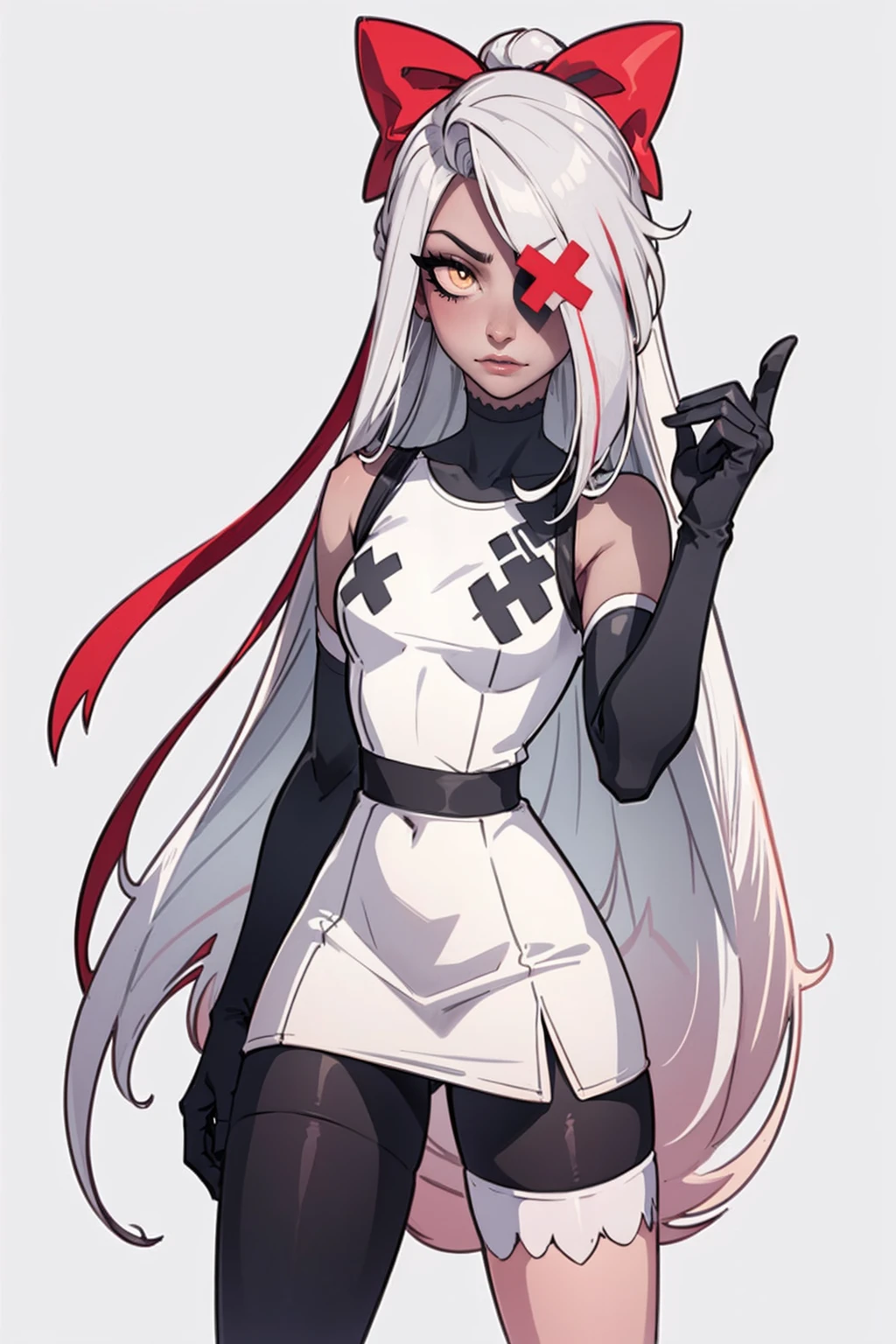 (Vaggie:1.0), (casual outfit, white dress, stockings, gloves:1.5), (pastel-pink sclera, black pupil, grey skin, white hair, long hair, hair bow:1.2), (white background:1.5), (realistic:1.2), (masterpiece:1.2), (full-body-shot:1),(Cowboy-shot:1.2), neon lighting, dark romantic lighting, (highly detailed:1.2),(detailed face:1.2), (gradients), colorful, detailed eyes, (detailed landscape:1.2), (natural lighting:1.2), (cute pose:1.2), (solo, one person, 1girl:1.5), standing, 