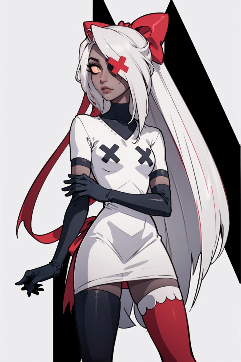 (Waggy:1.0), (Casual outfit, white top, very strong abs, medium breast, stockings, gloves:1.5), (pastel pink sclera, Black student, gray skin, White hair, long hair, bow:1.2), (White background:1.5), (realistic:1.2), (masterpiece:1.2), (full body shot:1),(cowboy shot:1.2), neon lighting, dark romantic lighting, (very detailed:1.2),(Detailed face:1.2), (gradients), colorful, detailed eyes, (detailed landscape:1.2), (daylight:1.2), (cute pose:1.2), (One, one man, 1 girl:1.5), standing,
