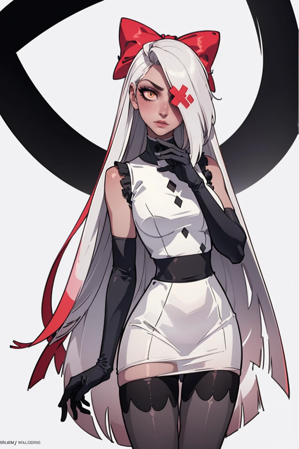 (Vaggie:1.0), (casual outfit, white dress, stockings, gloves:1.5), (pastel-pink sclera, black pupil, grey skin, white hair, long hair, hair bow:1.2), (white background:1.5), (realistic:1.2), (masterpiece:1.2), (full-body-shot:1),(Cowboy-shot:1.2), neon lighting, dark romantic lighting, (highly detailed:1.2),(detailed face:1.2), (gradients), colorful, detailed eyes, (detailed landscape:1.2), (natural lighting:1.2), (cute pose:1.2), (solo, one person, 1girl:1.5), standing, 