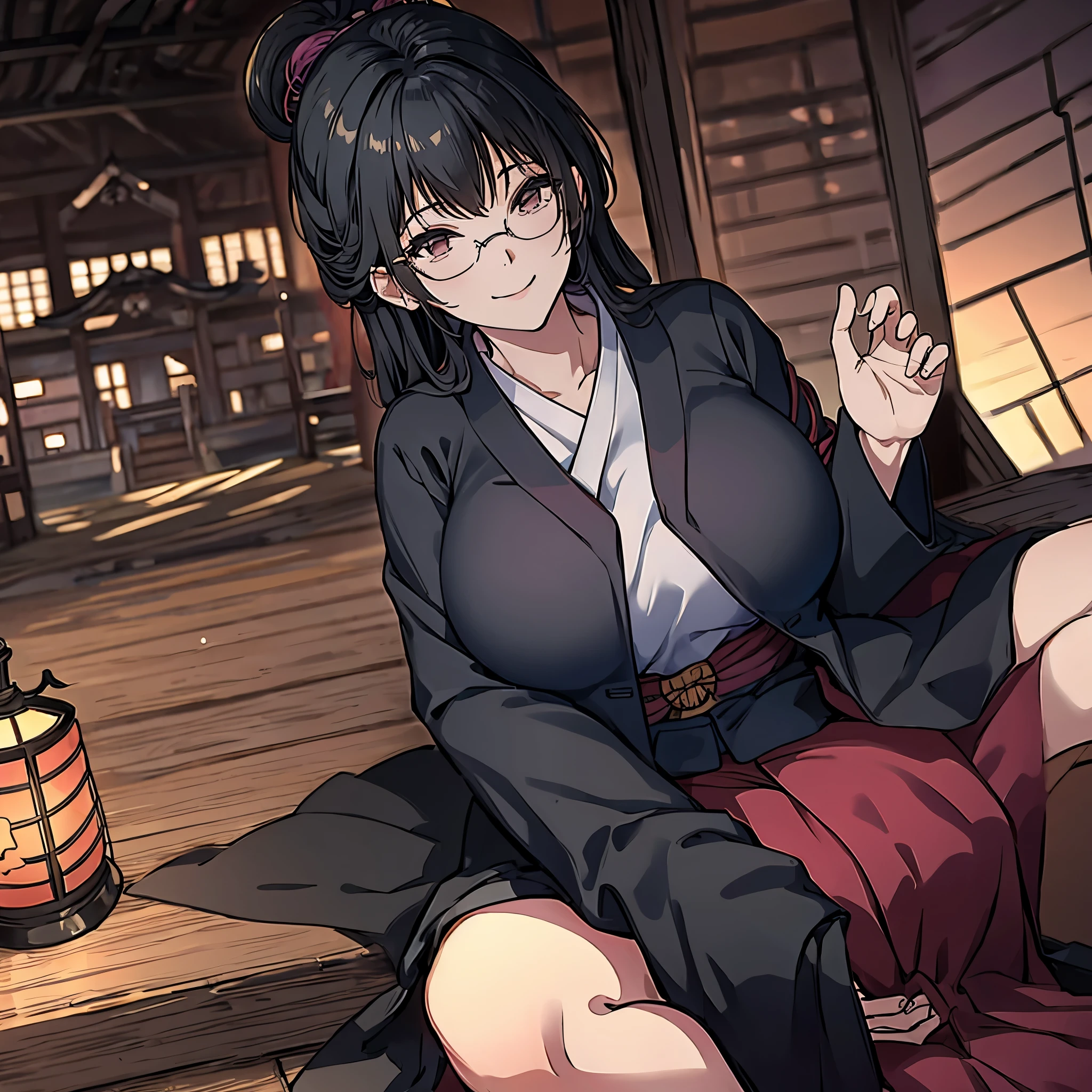 a woman in a Japanese castle, kimono black, smiling, big breast