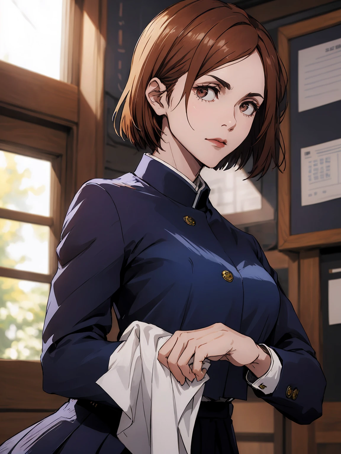 1girl, sitting, beautiful Nobara, navy blue school_uniform, bangs, brown jacket,, volumetric lighting, best quality, masterpiece, intricate details, tonemapping, sharp focus, hyper detailed, trending on Art Station, 4k, whole body, looking ahead