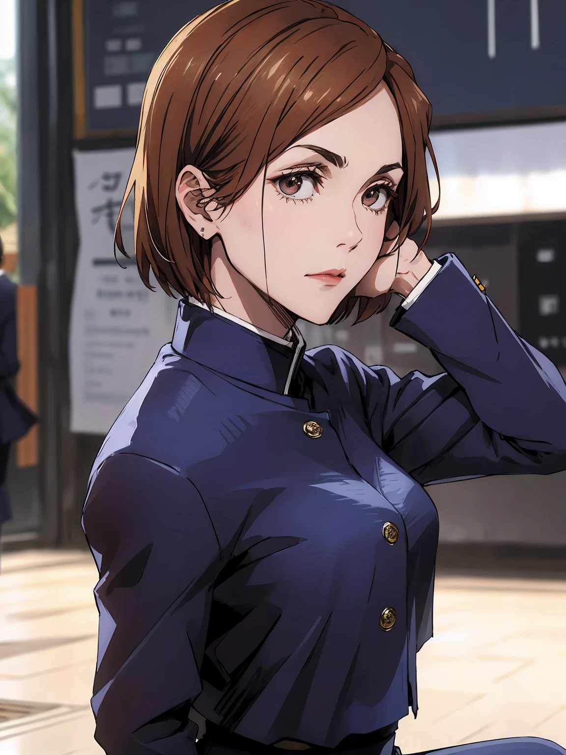 1girl, sitting, beautiful Nobara, navy blue school_uniform, bangs, brown jacket,, volumetric lighting, best quality, masterpiece, intricate details, tonemapping, sharp focus, hyper detailed, trending on Art Station, 4k, whole body, looking ahead