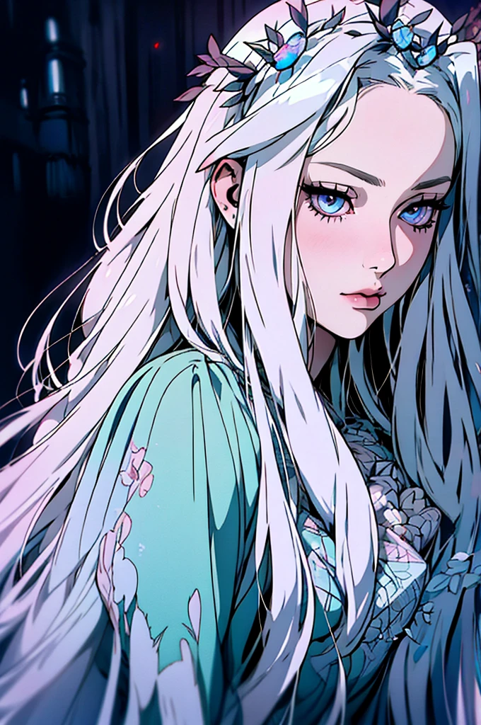 hyper-realistic of a mysterious woman with flowing silver hair, piercing opal eyes, and a delicate floral crown, backwards, looking back, upper body