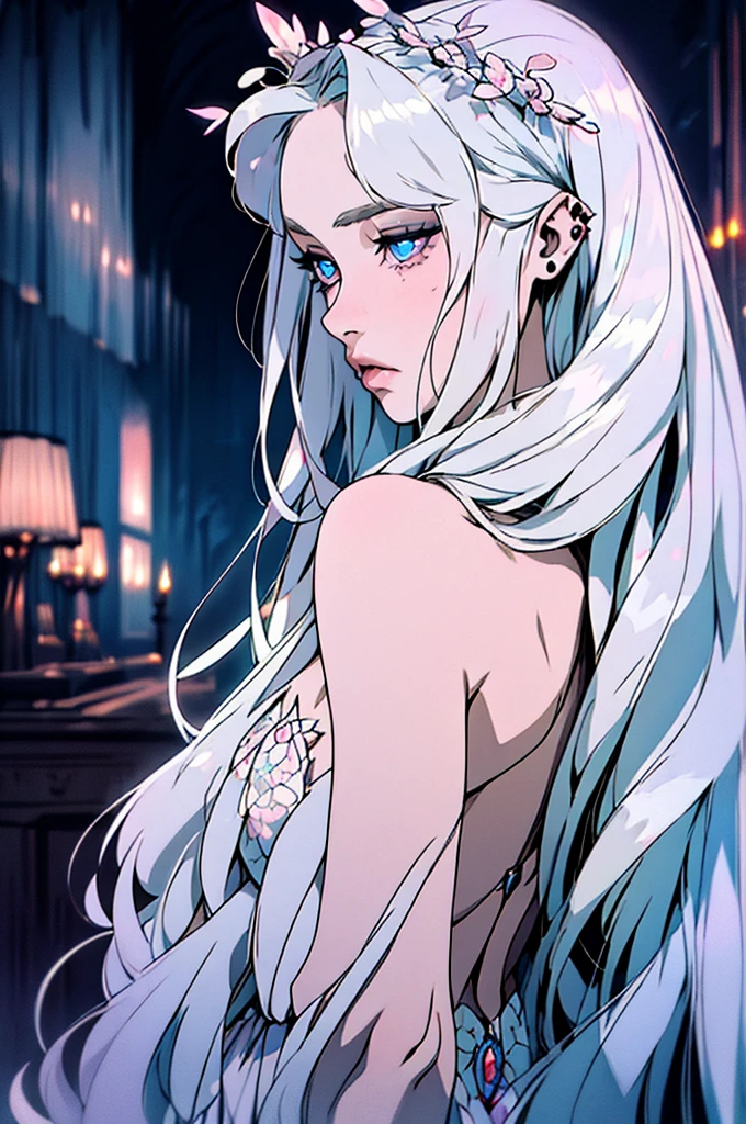 hyper-realistic  of a mysterious woman with flowing silver hair, piercing opal eyes, and a delicate floral crown, backwards, looking back, upper body
