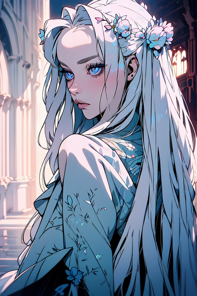 hyper-realistic of a mysterious woman with flowing silver hair, piercing opal eyes, and a delicate floral crown, backwards, looking back, upper body