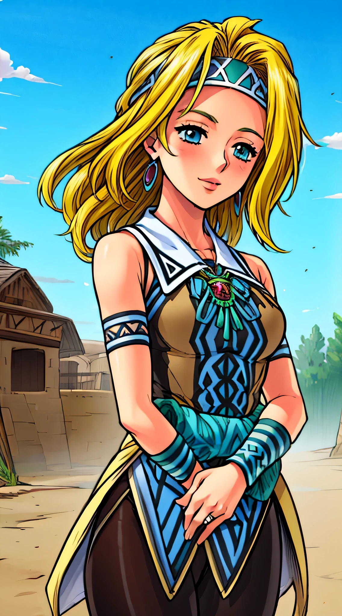 Lucia, masterpiece, anime screencap, 1 girl, solo, woman, mature, short hair, blonde hair, headband. dark skin, native american costume, leggings, black brown costume, bare arms, wristbands, teasing smile, follow me gesture, cowboy shot, outdoors, medieval town, ((((furry edge clothing)))),(arabian jewelry,intricate necklace),(((intricate outfit,intricate clothes,embroidered outfit,ornate outfit))), (dynamic pose:1.0),embarrassed,(centered,scale to fit dimensions,Rule of thirds),