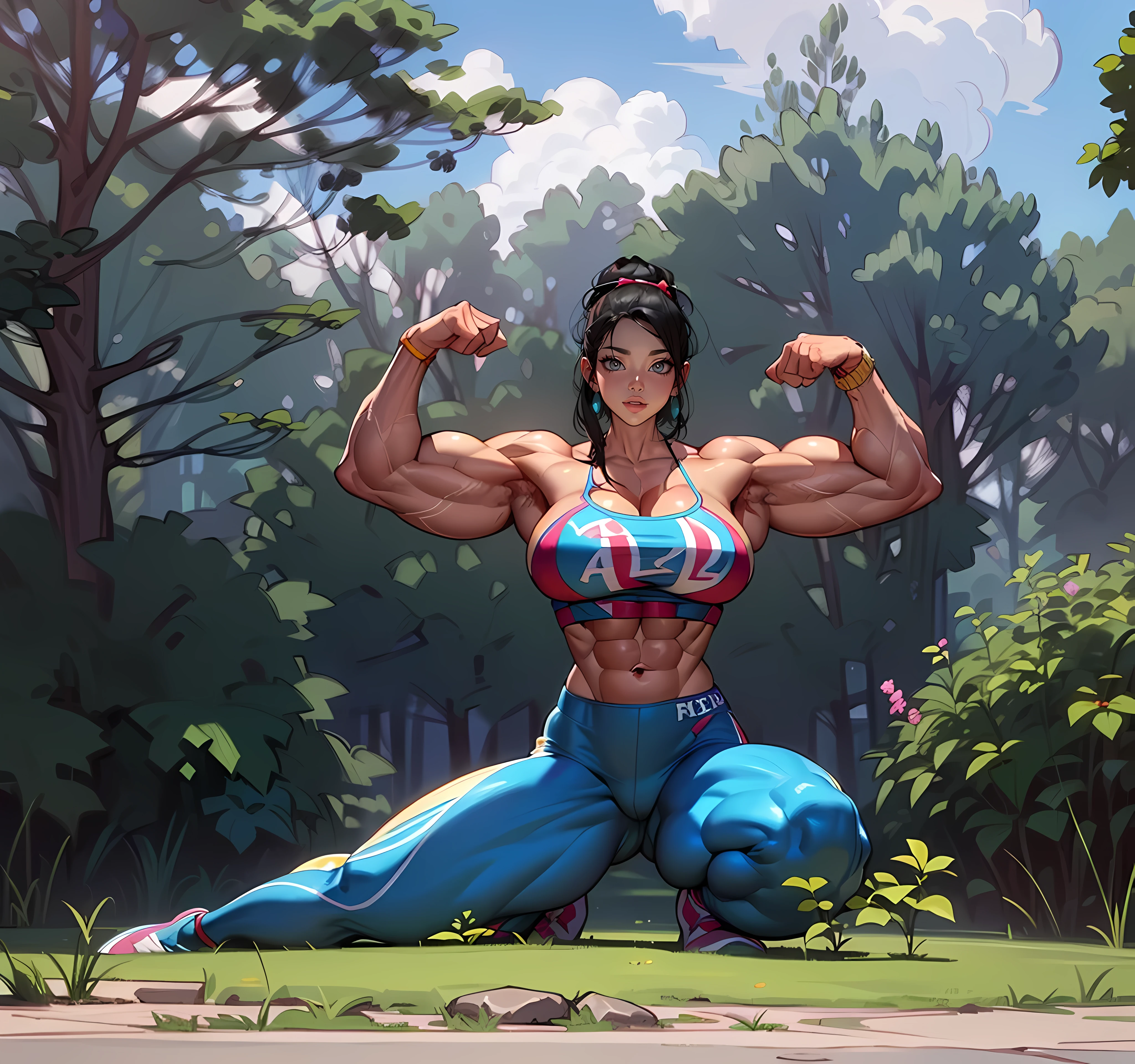 ((Masterpiece)), ((Best Quality)), ((Solo)), ((alone)), ((1girl)), (((accurate anatomy))), (((Huge breasts))), ((long legs)), ((wide hips)), ((((Muscular Quadriceps)))), (((((Massive Female Bodybuilder))))), (((((Huge Muscles))))), beautiful, slacks, tube top,black hair, porcelain skin tone, gigantic breasts, highly detailed, masterpiece, slendered abs, puffy lips