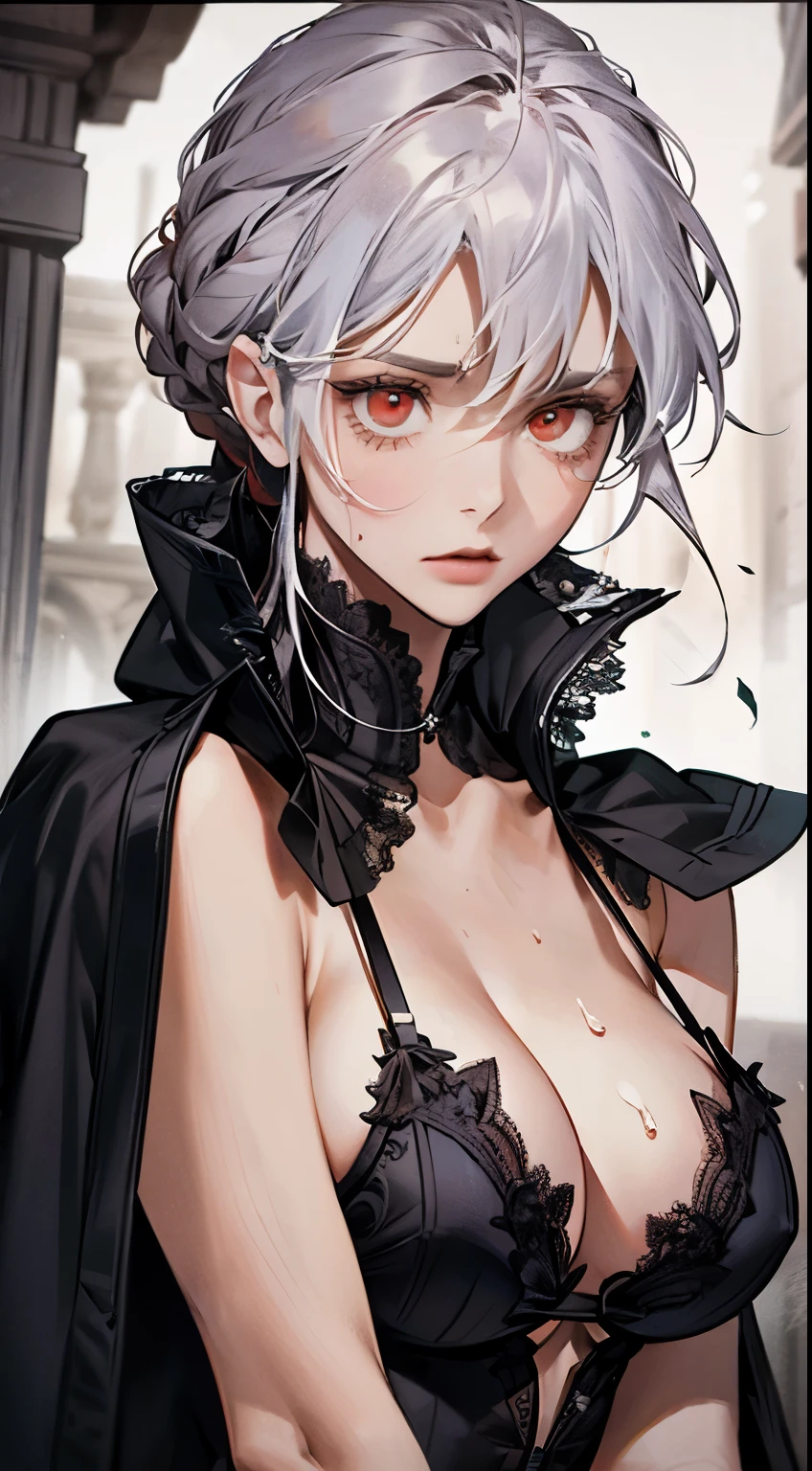 (best quality,high resolution:1.2), ultra-detailed, realistic:1.37, mature beautiful lady in a black robe, sweating, flushed face, adorned with lace lingerie, with a cold expression on her face, a close-up of her breasts, white hair, red eyes, and revealing her lingerie, emphasizing her full chest, highlighting the breasts, focused on the chest, mature and sexy.