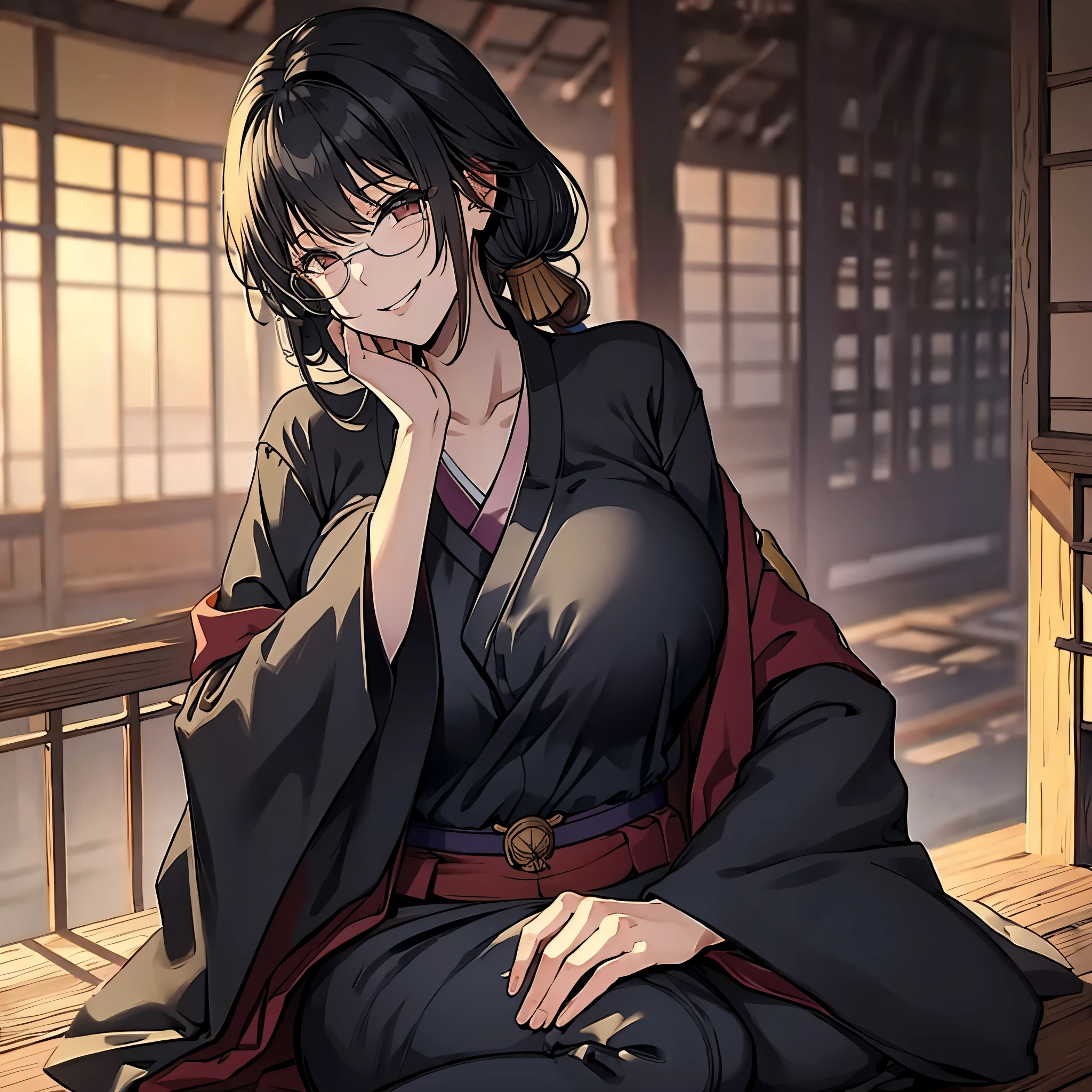 a woman in a Japanese castle, kimono black, smiling, big breast
