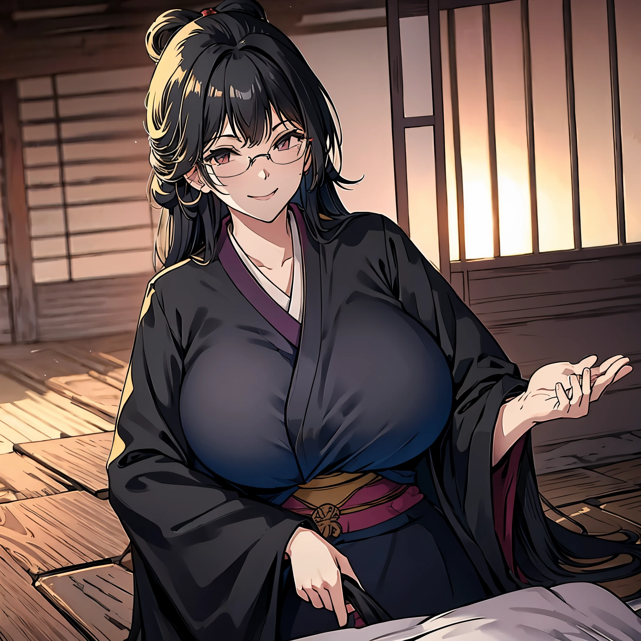 a woman in a Japanese castle, kimono black, smiling, big breast
