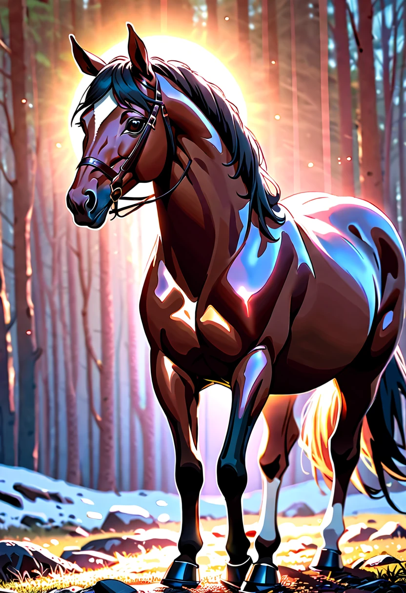 ((riderless)), in the background a beautiful landscape, with mountains and trees, epic, ultra, (photorealistic:1.4), ((Best quality:1.4)), ((masterpiece:1.4)), (very detailed: 1.4), (cinematic lighting:1.4), 3D, beautiful colors in the image, (((1 horse full body, in the wild alone, hyperrealistic:1.5 full shot, full body close up, beautiful shiny black color its coat,cline long with movement by the wind, perfectly defined and detailed body, close-up))),