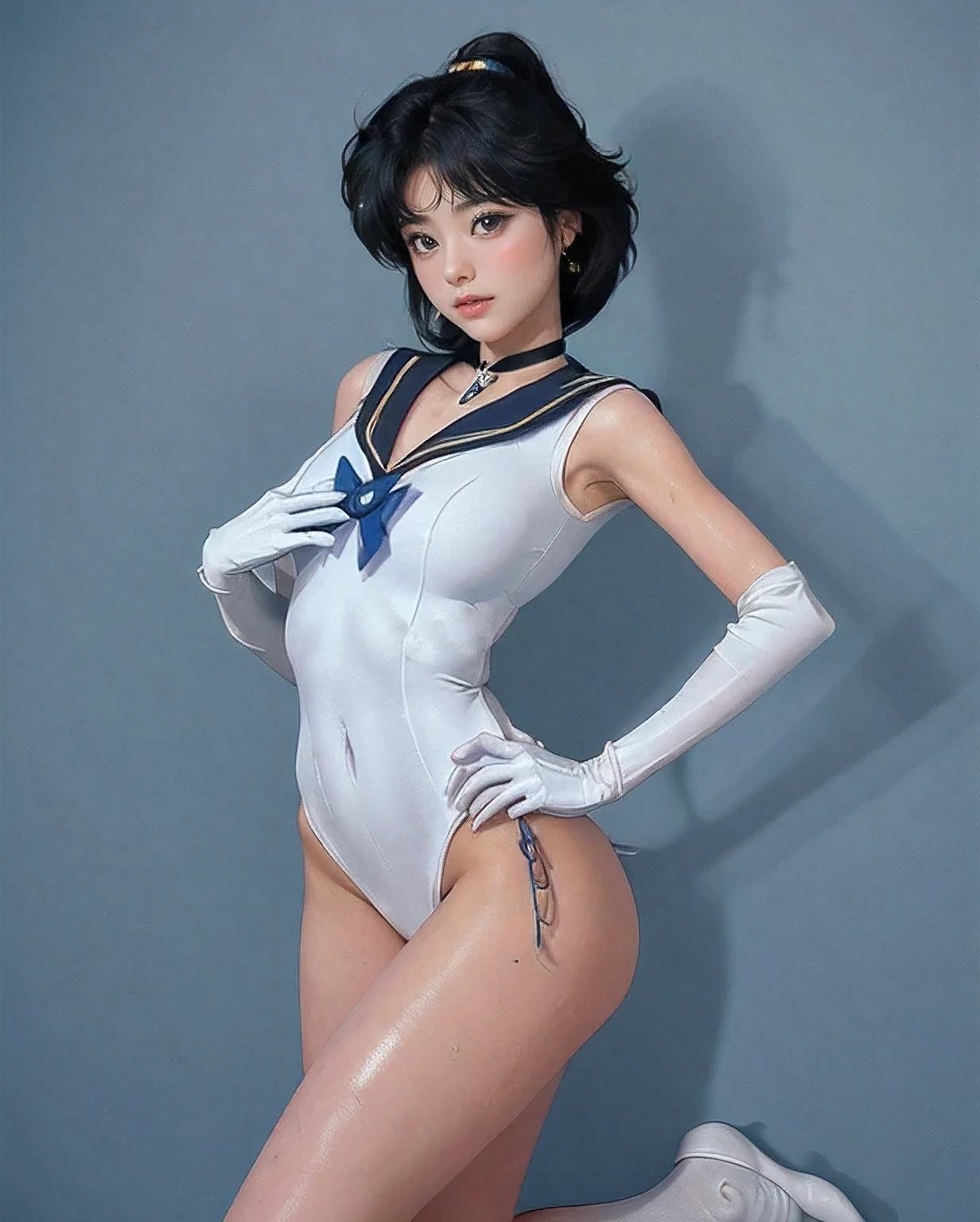 1 Sailor Mercury, highest quality, masterpiece: 1.3, 14 year old beautiful girl, Wearing a Sailor Senshi costume, Too cute small face, realistic, highly detailed pictures, erotic cute girl masturbation, ((really beautiful girl)), (choker 1, Sailor Senshi Leotard:1.6), (sailor mercury fabric'costume is too thin.), 14 year old Sailor Mercury, ((anatomically correct)), (facial details: 1.2, well-groomed face, Big eyes, beautiful face, both eyes are facing the same direction, thin and thin eyebrows: 1.3, Lower body wet with love juice), (blue: 1.1,Erotic cute little face: 1.1, long white gloves up to the elbow: 1.2, white gloves with blue elbows), (I'I'm not wearing anything on my lower body.), short hair, (blue choker, beautiful thighs), ((Kneel and open leg pose)), slender body shape, perfect limbs, really small nose, ((Excited expression when erogenous zones are stimulated by masturbation)), don't show your nostrils, Erotic cute white leotard, Emphasize the crotch, leotard too close to the skin, (complete limbs), Legs spread pose, (I can'Iの手を見せないでください:1.5), Strong natural light, exquisite light and shadow, very small profile, put your hands behind your back, Digital single-lens reflex camera, sharp focus, maximum clarity and sharpness, Ultra-high-definition depiction of the crotch, genital, and the gap, (My whole body is wet with sweat and cloudy liquid..),