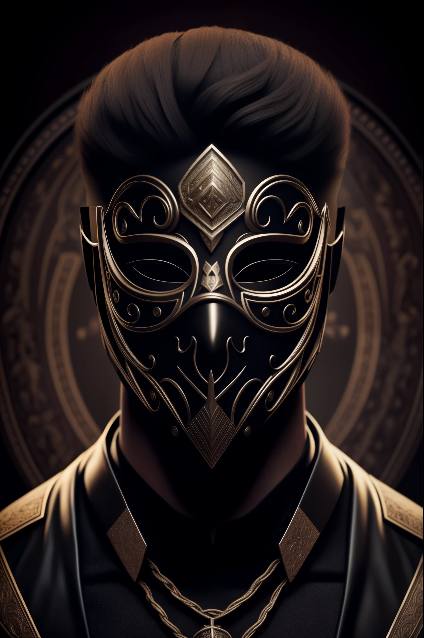 Ultra-realistic image in Full HD: A man with an enigmatic black mask, intricately crafted with subtle and mysterious details that hint towards an enigma. His face, estimated to be around 35 years old, is concealed by the mask, revealing only a mysterious and vacant gaze. The mask's design, with modern haircut integrated, exudes a psychopathic and eerie allure, making for a captivating and dominating profile picture. The mask, an essential part of the image, is black and imbued with an aura of secrecy. This ultra-realistic depiction embodies a leader-like figure, possessing manipulative, persuasive,