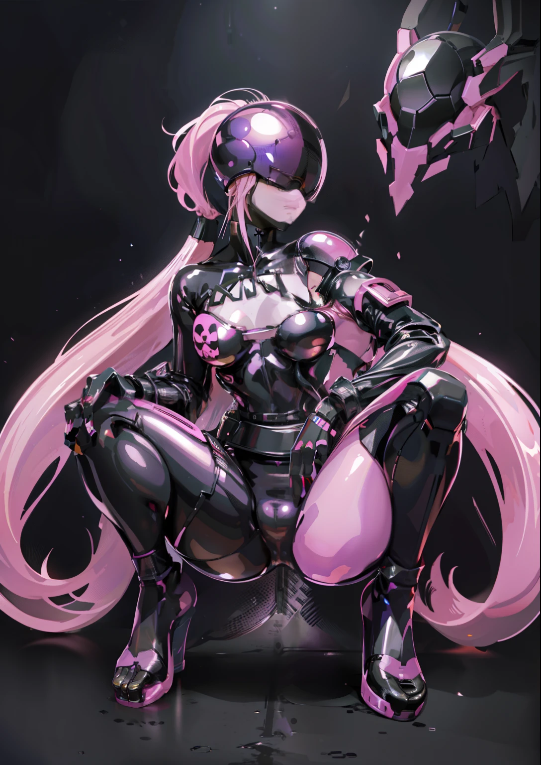 (1 girl, Pink hair, medium hair, short double ponytails, purple eyes, Poker face) (in a detailed space, (Science fiction, bodysuit, , humanoid , helmet, neon decoration, shiny clothes, Enica,  )) , best quality, ，Transparent underwear，Flame it up，Soaked all over，White liquid comes out，in the city，bikini，completely tight，full body portrait，Thighs exposed，Flame it up，sit down，Squat down，lie down，Kneel down，stand，legs apart，lifting one leg