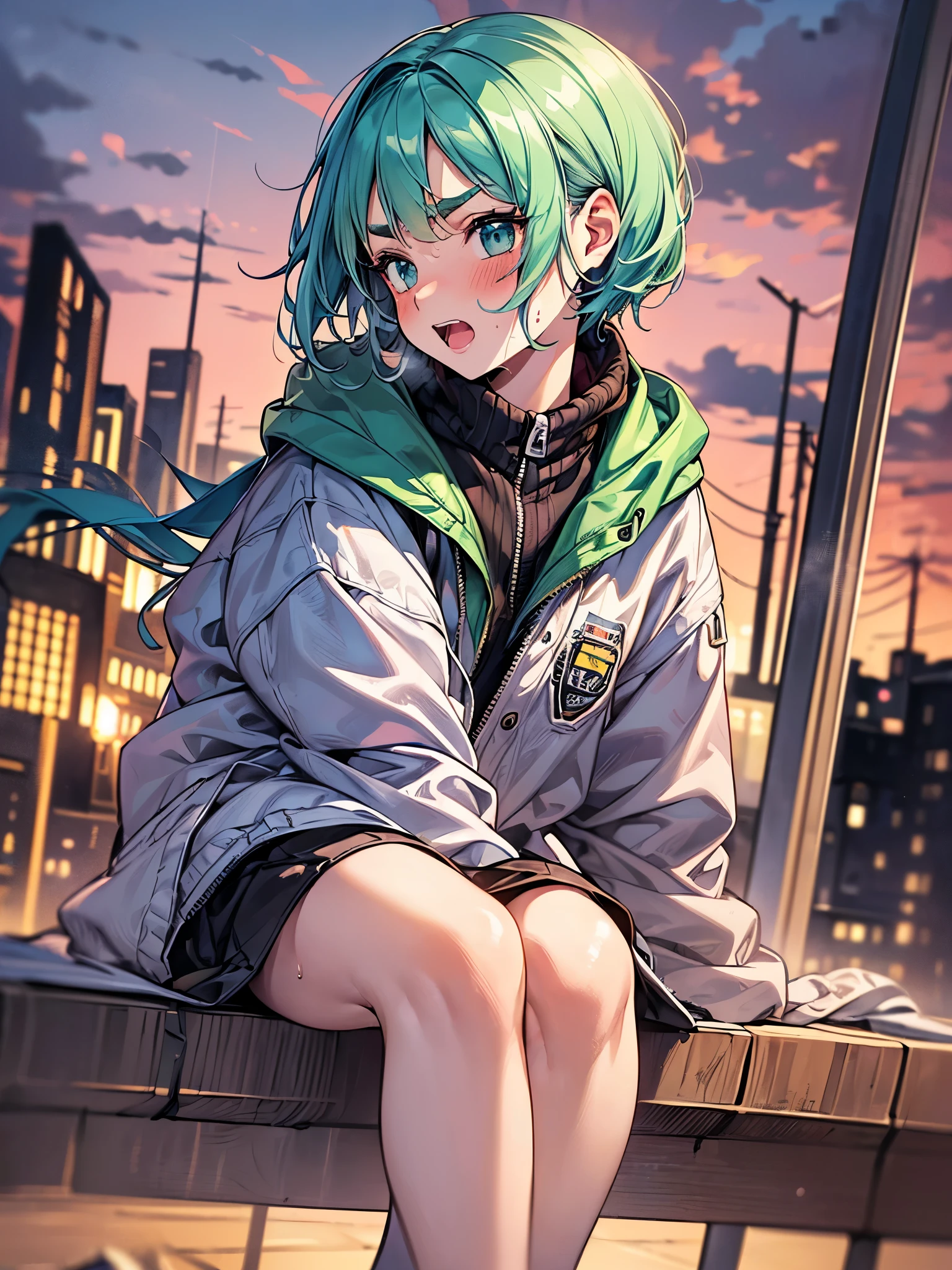 cowboy shot、Perspective from a high position、(((Girlfriend))),(((blush:1.3)))、16 years old、cute、(((thin eyebrows、wrinkles on the eyebrows、upward glance、Distract your gaze:1.3))),(((I'm embarrassed:1.3)))、night、swing in the park、sit on a swing、(((Mufflers and coats)))、(((Sweat:1.3)))、(((open your mouth and laugh:1.2)))、cute、((green hair、Berry Short)))