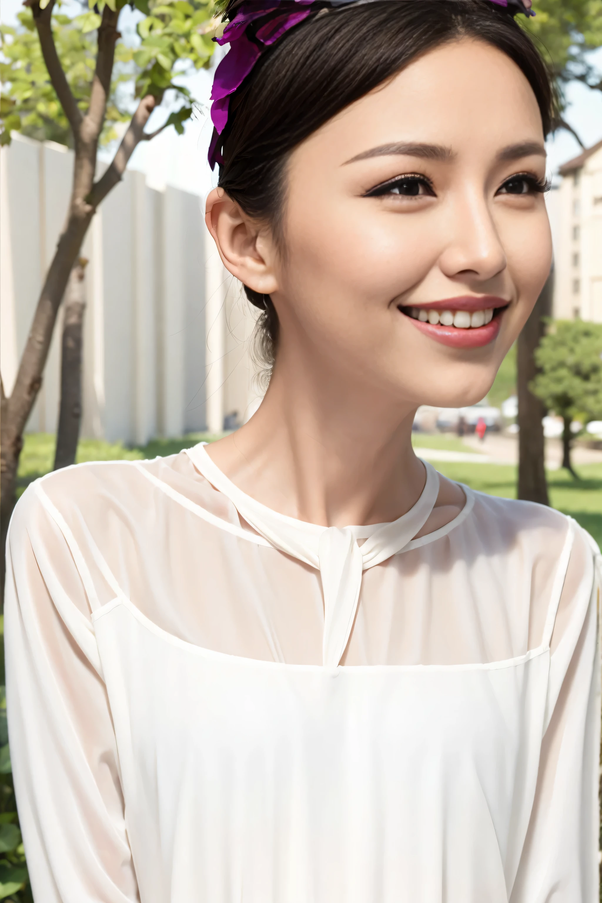 fashion model 20 years old [[[[close up]]]], [[[[neck]]]], [[[[Shoulder]]]], perfect eyes, perfect iris，perfect lips，perfect teeth，perfect skin，White skin，Soft headlight，High density imaging review，Face slimming type，slender nose，long black hair，（Face is clear and delicate），white casual wear，The background is outdoor，green trees and grass，best quality，masterpiece，(((whole body image))),（pastel colors：1.2）