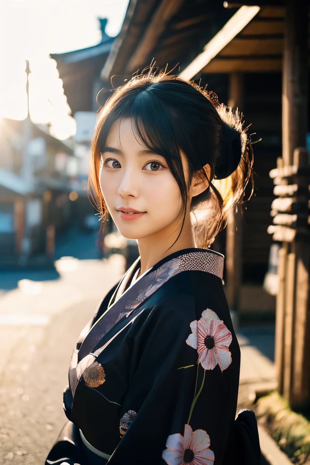 20-year-old Japanese supermodel girl，black hair，Ukiyo-e kimono，Japanese road background，a ray of light，beautiful facial lighting，big deal，Photographed by Yui Aragaki，6 o&#39;clock&#39;bell