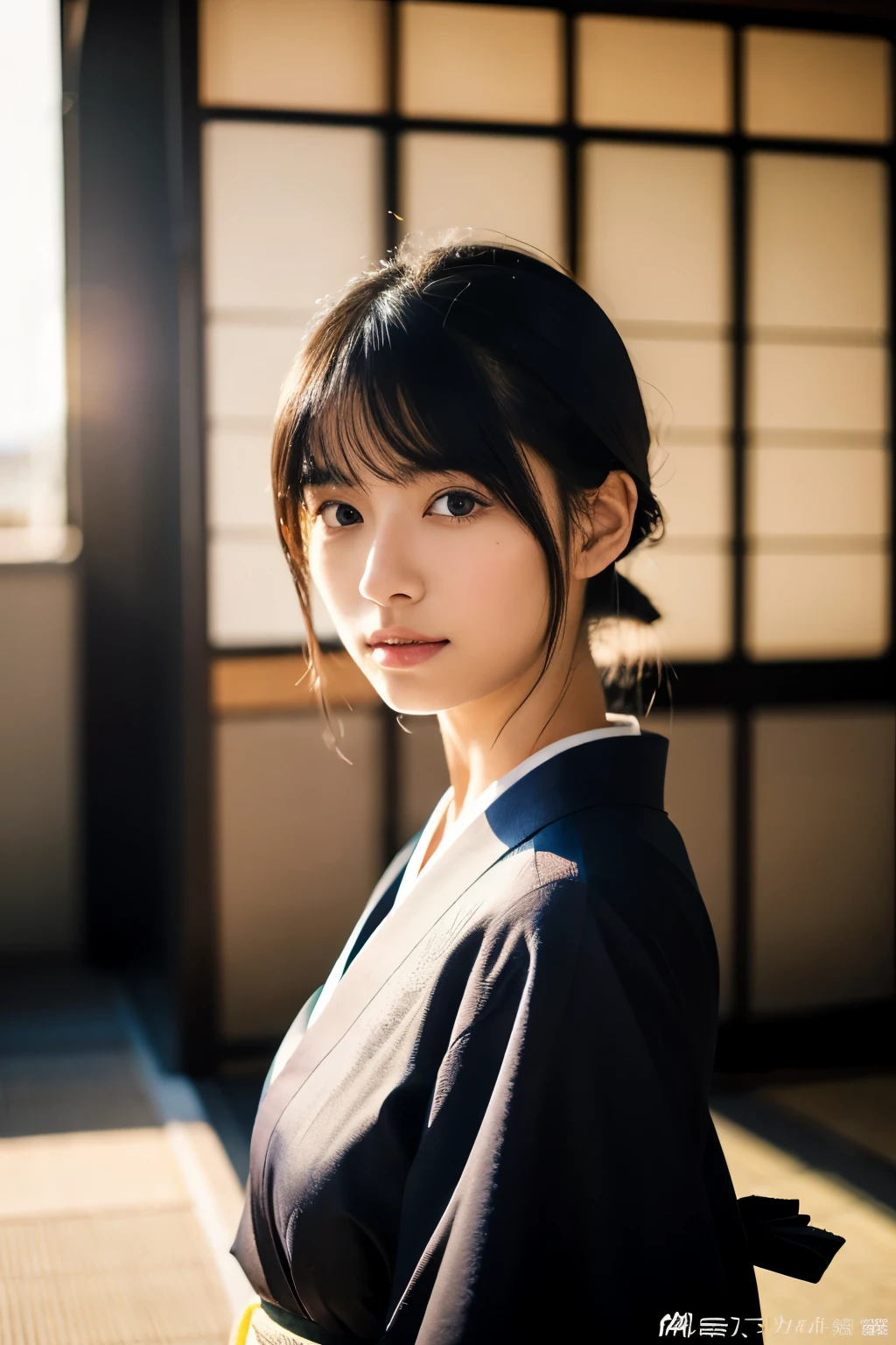20-year-old Japanese supermodel girl,black hair,Ukiyo-e kimono,Japanese road background,a ray of light,beautiful facial lighting,big deal,Photographed by Yui Aragaki,6 o'clock'bell