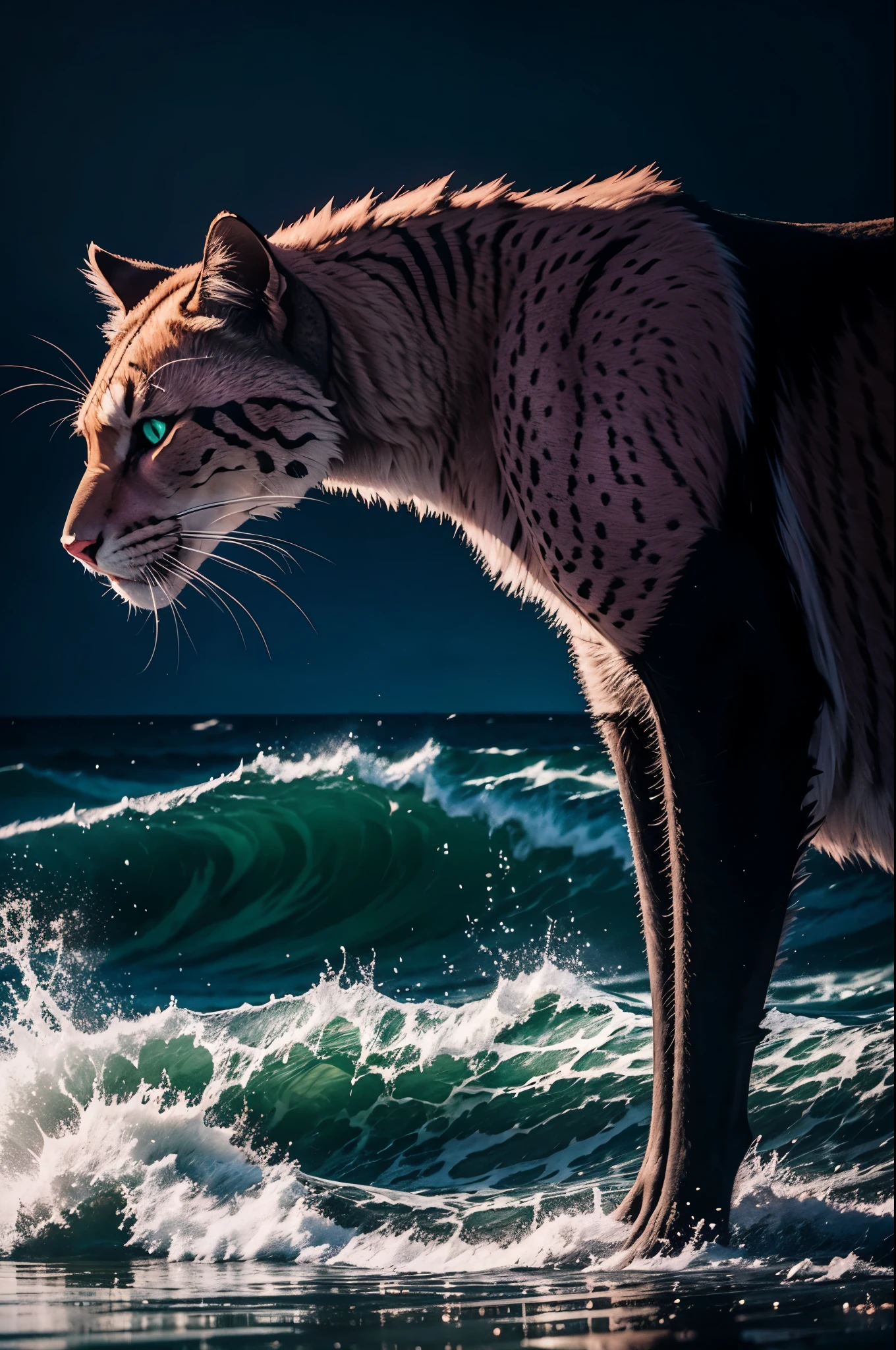 a,pink panther on a beach at night,cold colors,hunting prey,seaside scene,detailed waves,mysterious atmosphere,reflection on wet sand,serene moonlight,bright stars,shimmering water,silhouettes of palm trees,moody ambiance,silent night,peaceful surroundings,dark shadows,majestic presence,graceful movements,sharp claws,glistening fur,piercing green eyes,predatory instincts,subtle pink hues,frozen moment,lush vegetation,captivating beauty,powerful predator,calm demeanor,hauntingly beautiful setting