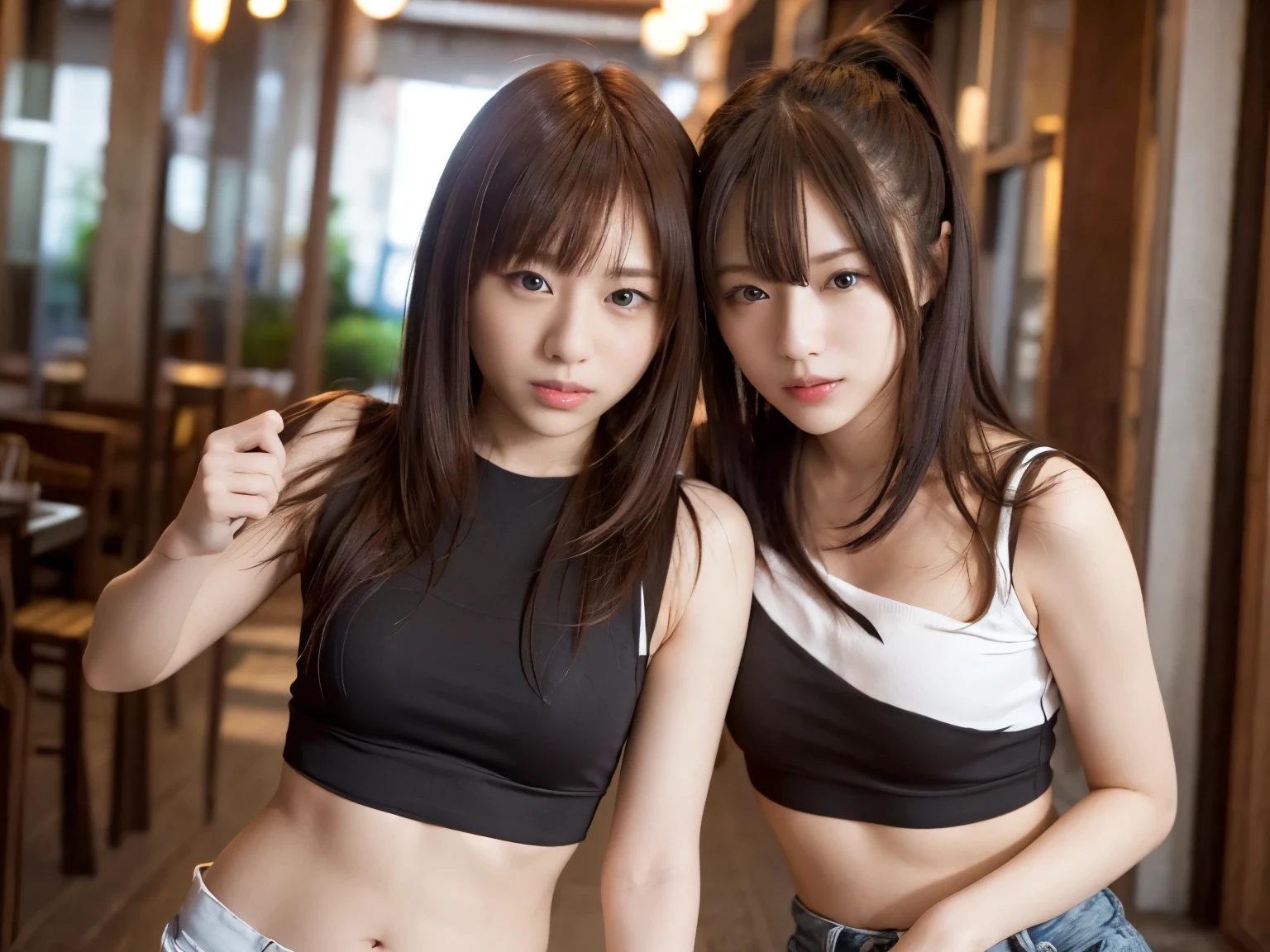 ((riaルな照明, highest quality, 8K, masterpiece:1.3)), クriaフォーカス:1.2,identical twin sisters kissing, lesbian, perfect figure:1.4, slim abs:1.1, ((black hair)), (white crop top: 1.4), (outdoor, night: 1.1), Sundanese woman sitting in a coffee shop, (casual clothes), super fine face, fine eyes, double eyelid, ria_R