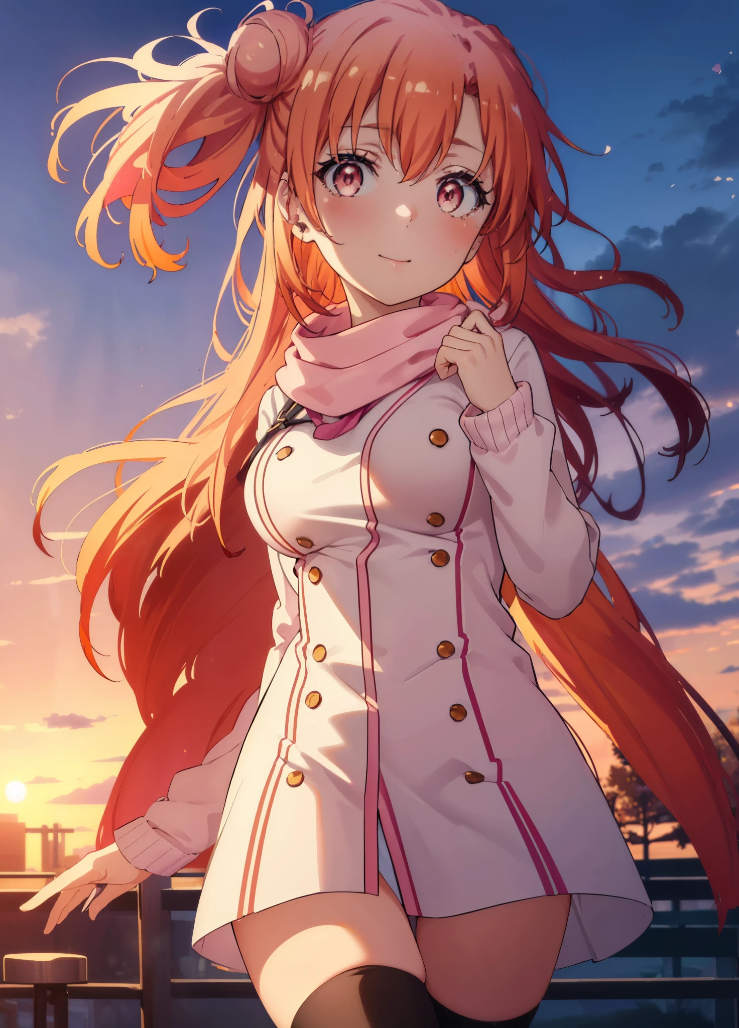 yuiyuigahama, yui yuigahama, long hair, (Pink eyes:1.5), (orange hair:1.2), bun hair, single bun hair,blush, smile, (big breasts:1.2),red muffler,pink long coat　open the front,white sweater,Short Bands,Black Knee High Socks,short boots,evening,sunset,
break outdoors,In town,building street,
break looking at viewer, (cowboy shot:1.5),
break (masterpiece:1.2), highest quality, High resolution, unity 8k wallpaper, (figure:0.8), (beautiful and fine eyes:1.6), highly detailed face, perfect lighting, Very detailed CG, (perfect hands, perfect anatomy),