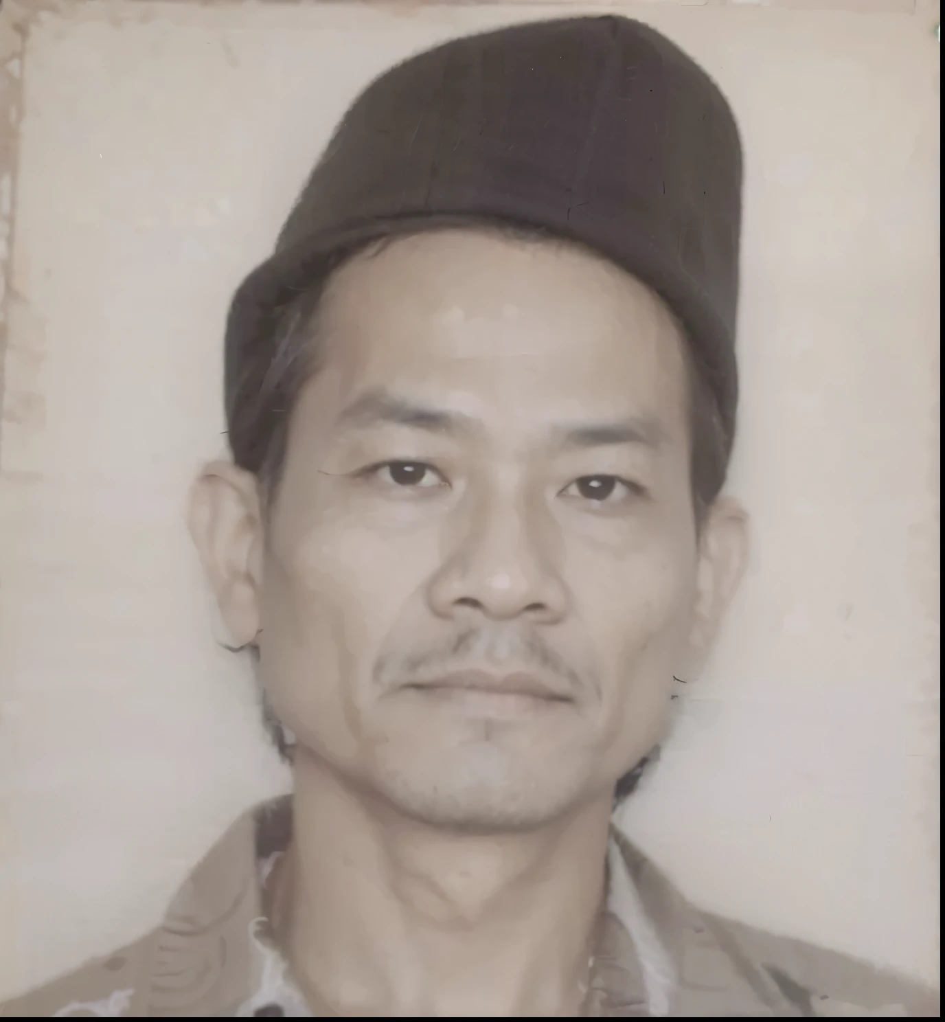 an Indonesian man around 60 years old with a cocked black hat, wearing batik clothes
