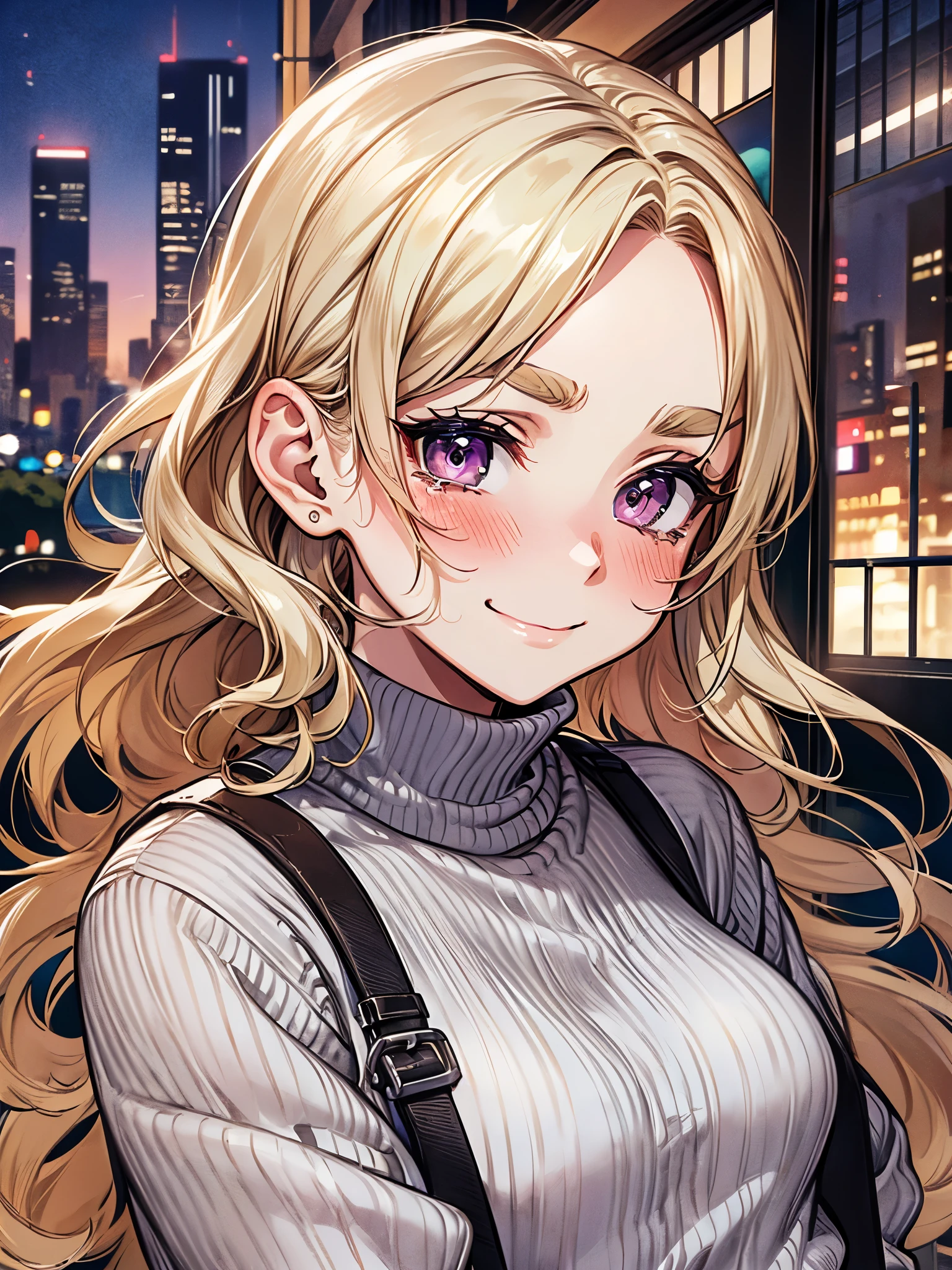 cowboy shot、(((Girlfriend))),(((blush:1.3)))、16 years old、cute、tears:1.3,(((thin eyebrows、wrinkles on the eyebrows、upward glance、Distract your gaze:1.3))),(((I'm embarrassed:1.3)))、sunset、convenience store coffee、embankment、bridge visible in the distance、(((Turtleneck sweater)))、(((smile:1.2)))、cute、((blonde、Berry Short)))