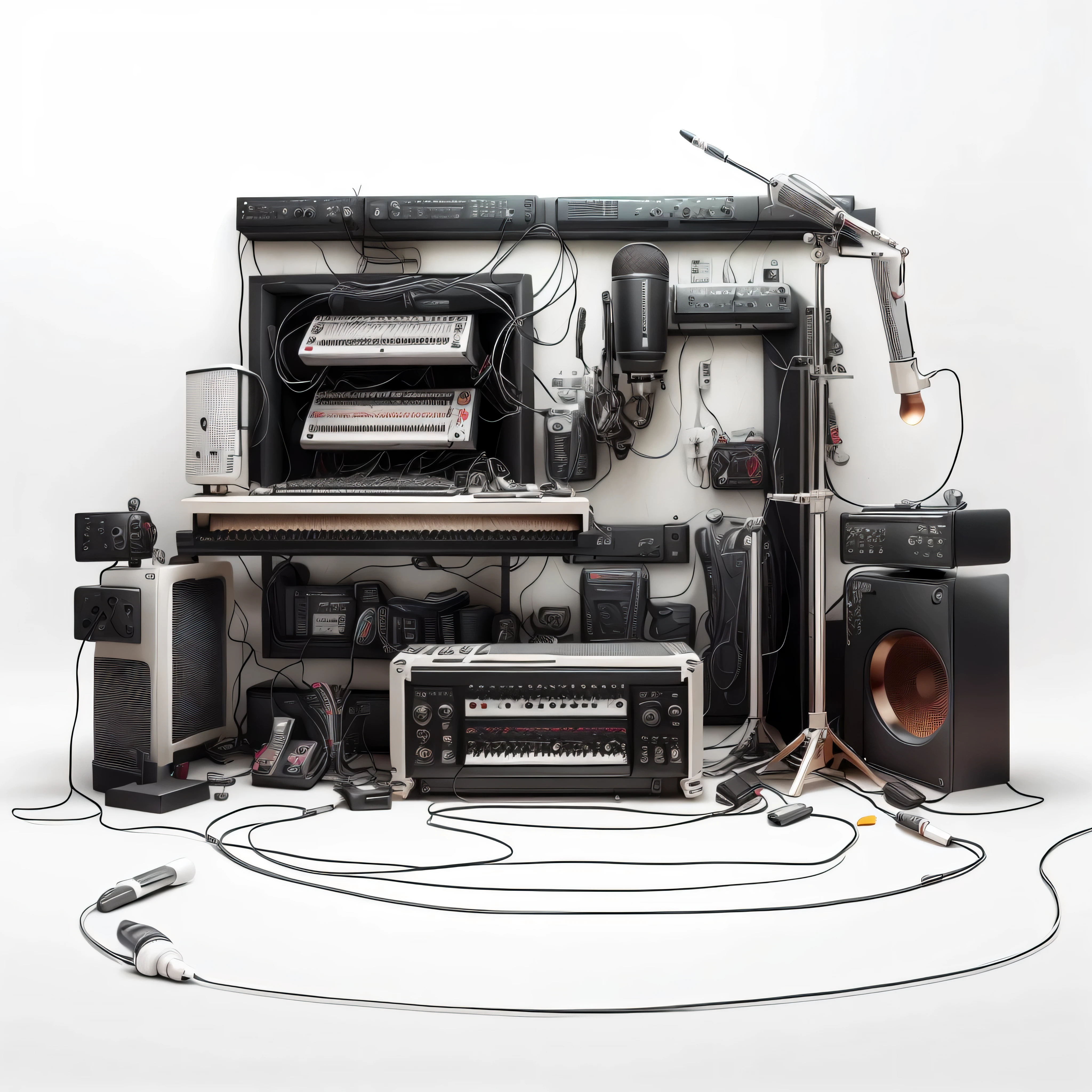 In the recording studio,masterpiece,best quality,super detailed,Small stage,band,(condenser microphone),(electric guitar),mixer,vocal,keyboard,dark gothic pattern,(vocal)earphone,Indoor light,vacuum tube,white sand。Microphone cable,Guitar cable,monitor,Various musical instruments