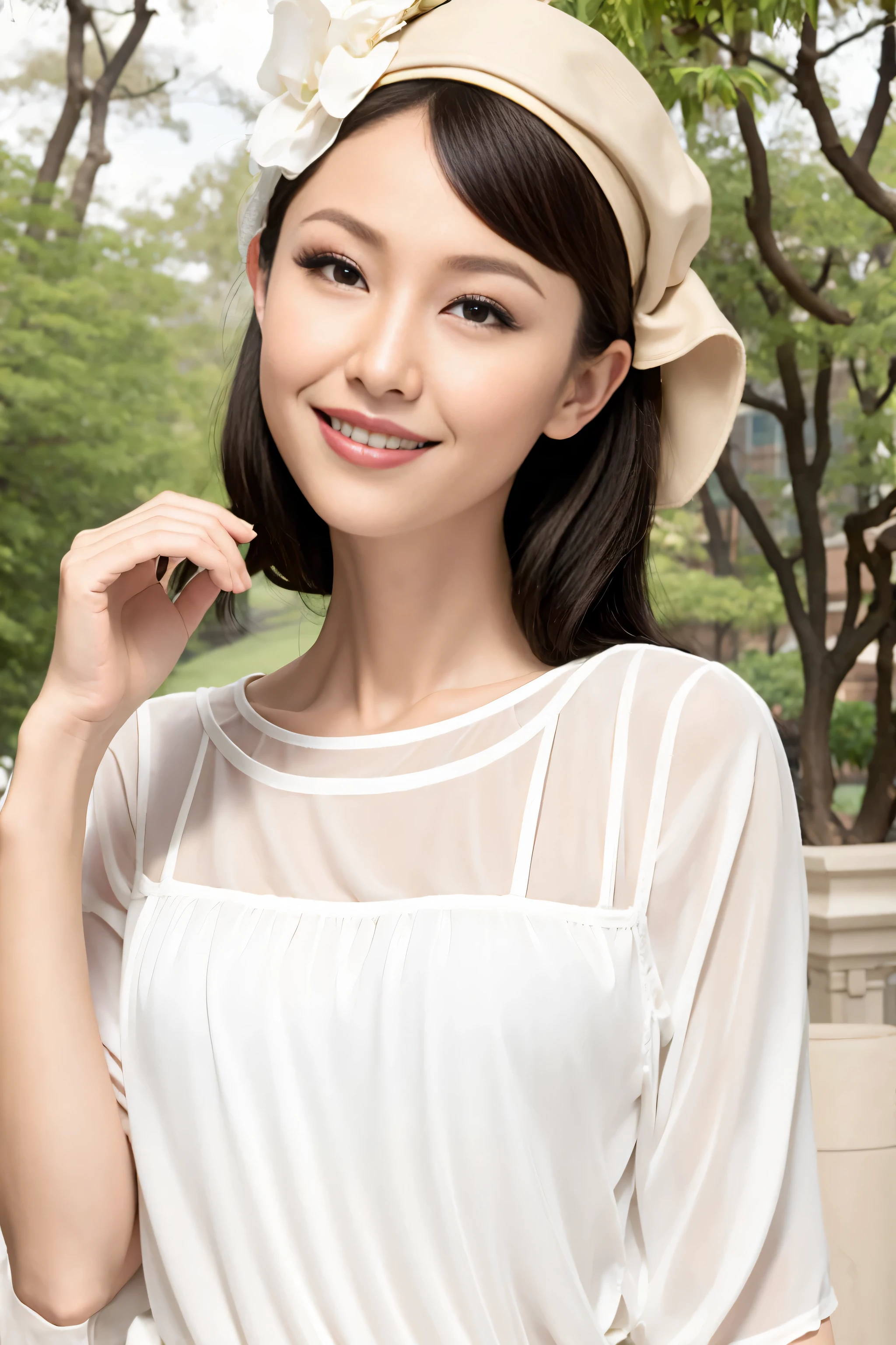 fashion model 20 years old [[[[close up]]]], [[[[neck]]]], [[[[Shoulder]]]], perfect eyes, perfect iris，perfect lips，perfect teeth，perfect skin，White skin，Soft headlight，High density imaging review，Face slimming type，slender nose，long black hair，（Face is clear and delicate），white casual wear，The background is outdoor，green trees and grass，best quality，masterpiece，(((whole body image))),（pastel colors：1.2）