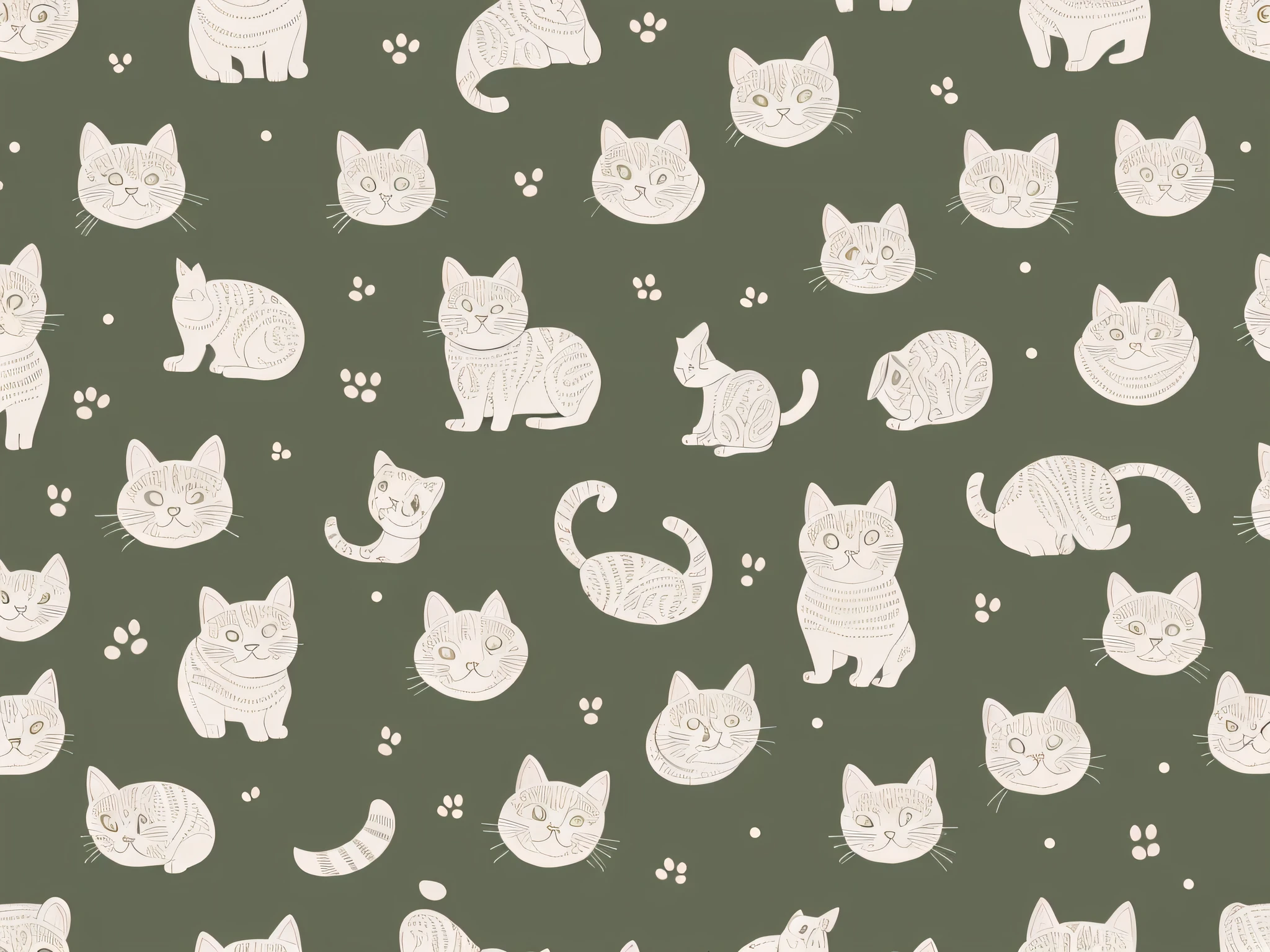 seamless pattern, pastel tones, monochrome, Symmetry, analog, khaki background, dog, cat, mouse, Harmony