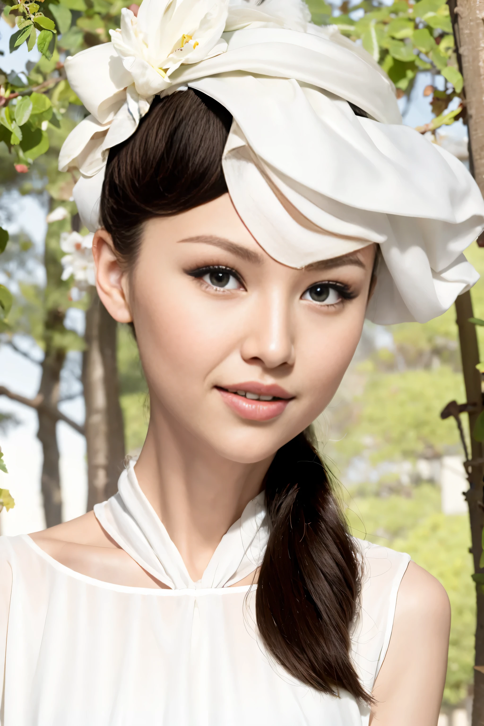 fashion model 20 years old [[[[close up]]]], [[[[neck]]]], [[[[Shoulder]]]], perfect eyes, perfect iris，perfect lips，perfect teeth，perfect skin，White skin，Soft headlight，High density imaging review，Face slimming type，slender nose，long black hair，（Face is clear and delicate），white casual wear，The background is outdoor，green trees and grass，best quality，masterpiece，(((whole body image))),（pastel colors：1.2）