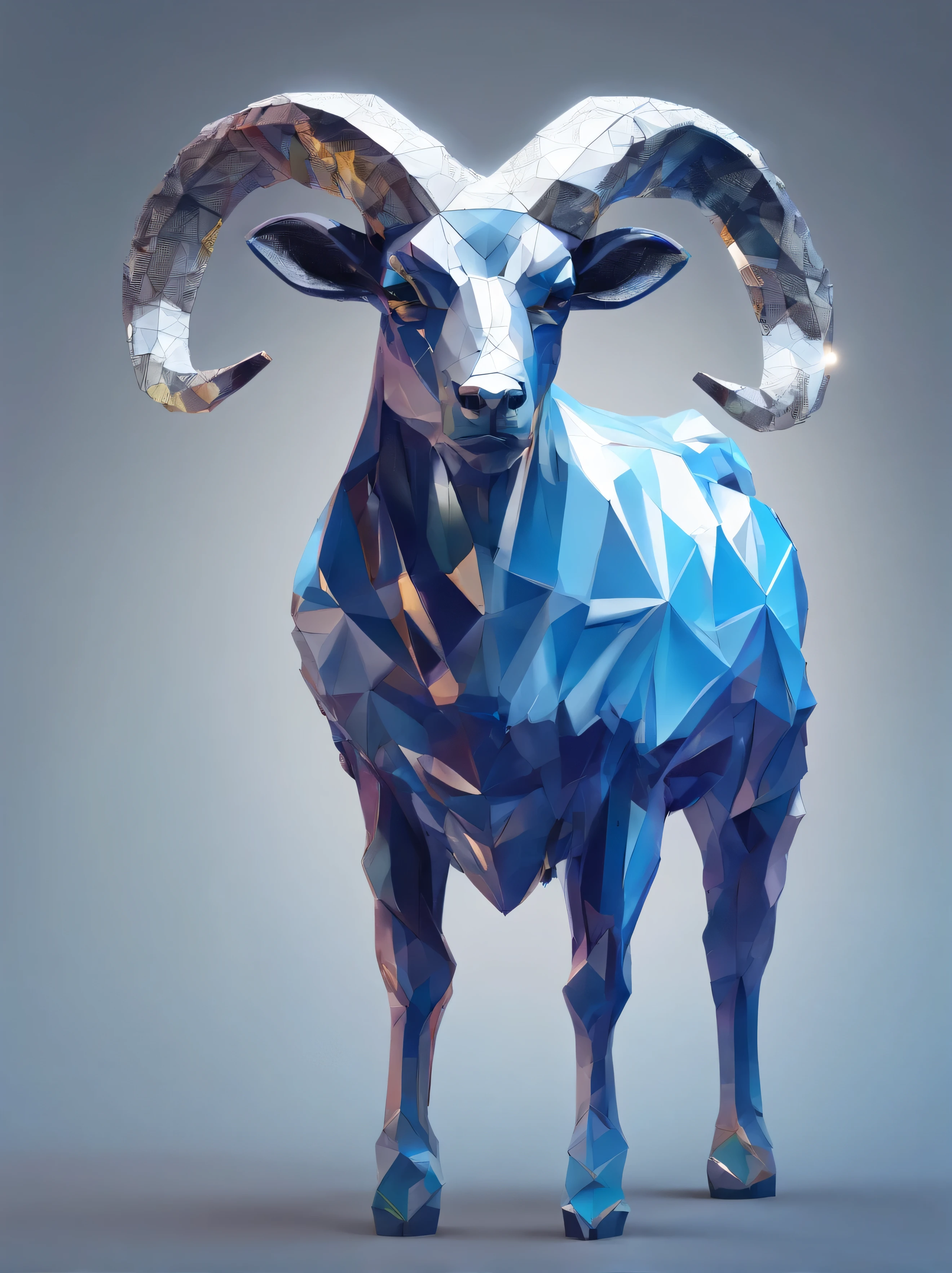 aries with diamonds, aries zodiac sign, crystal surrounding, Standing position, Abstract beauty, Centered, Looking at the camera, Facing the camera, nearing perfection, Dynamic, Highly detailed, smooth, Sharp focus, 8K, high definition resolution, illustration, Art by Carne Griffiths and Wadim Kashin, blue background, crystal reflections