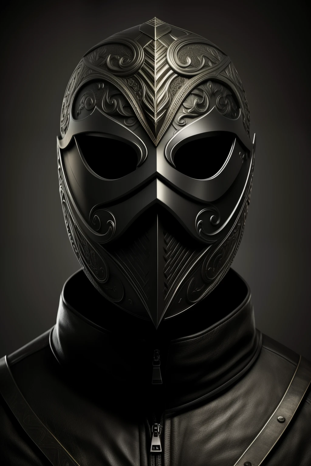 Ultra-realistic image in Full HD: A man with an enigmatic black mask, intricately detailed and shrouded in mystery. The mask's subtle textures hint at a secretive and mysterious nature, revealing nothing of the man's true identity. His features are chiseled, suggesting an age around 35, with a modern haircut that only adds to his enigmatic allure. The mask hides his eyes, which appear mysterious and vacant, promoting an unsettling and psychopathic vibe. This image is perfect for a profile picture as it powerfully portrays a dominant figure, brimming with manipulative, persuasive, and powerful energy.