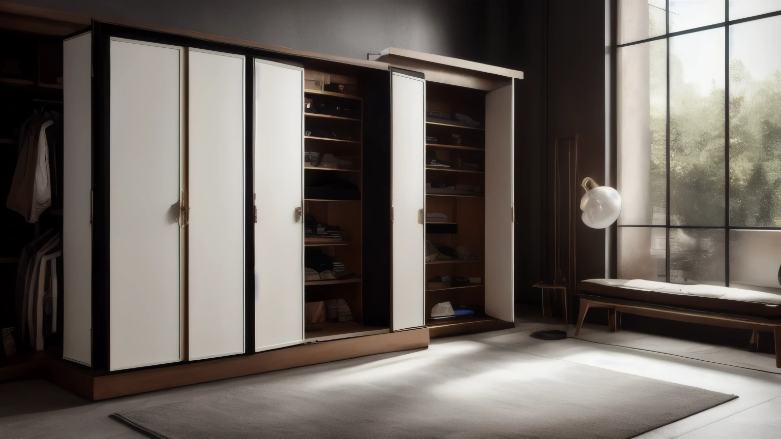 hyper ultra realistic photographs full body of A sturdy, leather-bound wardrobe, adorned with worn brass fittings, stands alone on a sterile white background. Imagine it holding not clothes, but artifacts from different eras, portals to different times. Where would you choose to travel? ratio 16:9, 4k, 8k resolution, High quality photo, high detailed, imagesharp focus, Cinematic lighting,hyperdetailed & Unreal engine, detail, realism, photography,cinematography, camera NIKON, lens NIKKOR flagship, masterpiece. hyper-maximalism, ultradetailed photorealistic, light skin imperfections, final render, vray, photo, fashion